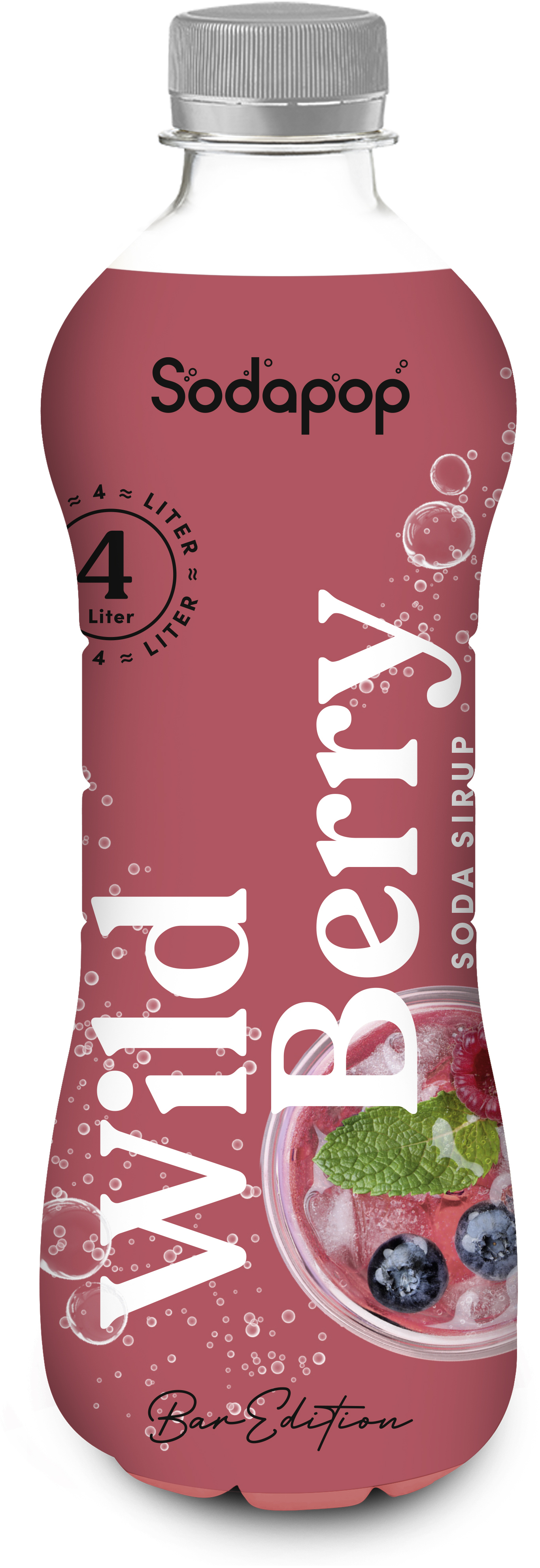 Eine Flasche Soda Pop Wild Berry-Sirup. Sie hat ein rosa-rotes Etikett mit einem Cocktail aus Beeren und Minzblättern.