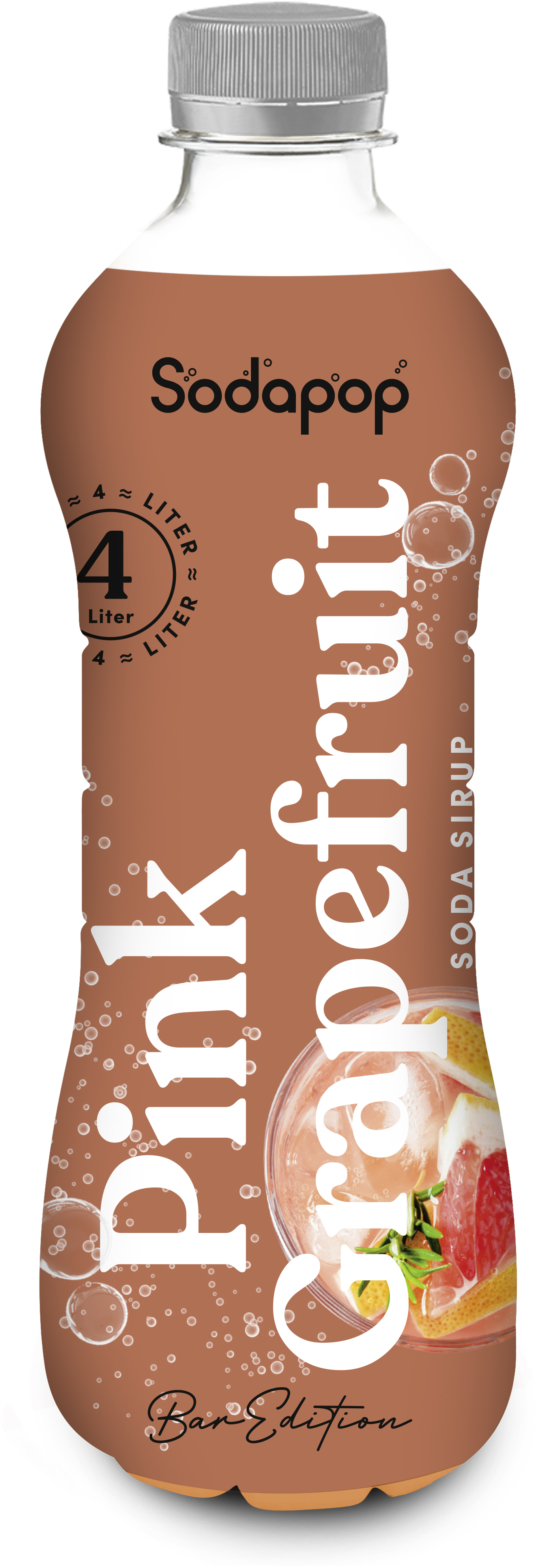 Eine Flasche Pink Grapefruit-Sirup. Das Etikett zeigt ein Getränk mit Eis, Grapefruitscheiben und Blasen.