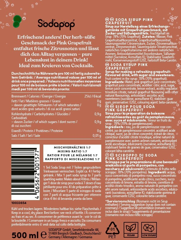 Pinke SodaPop-Flasche mit Text. Enthält 500 ml. Vegan- und zuckerarm-Etikett unten.
