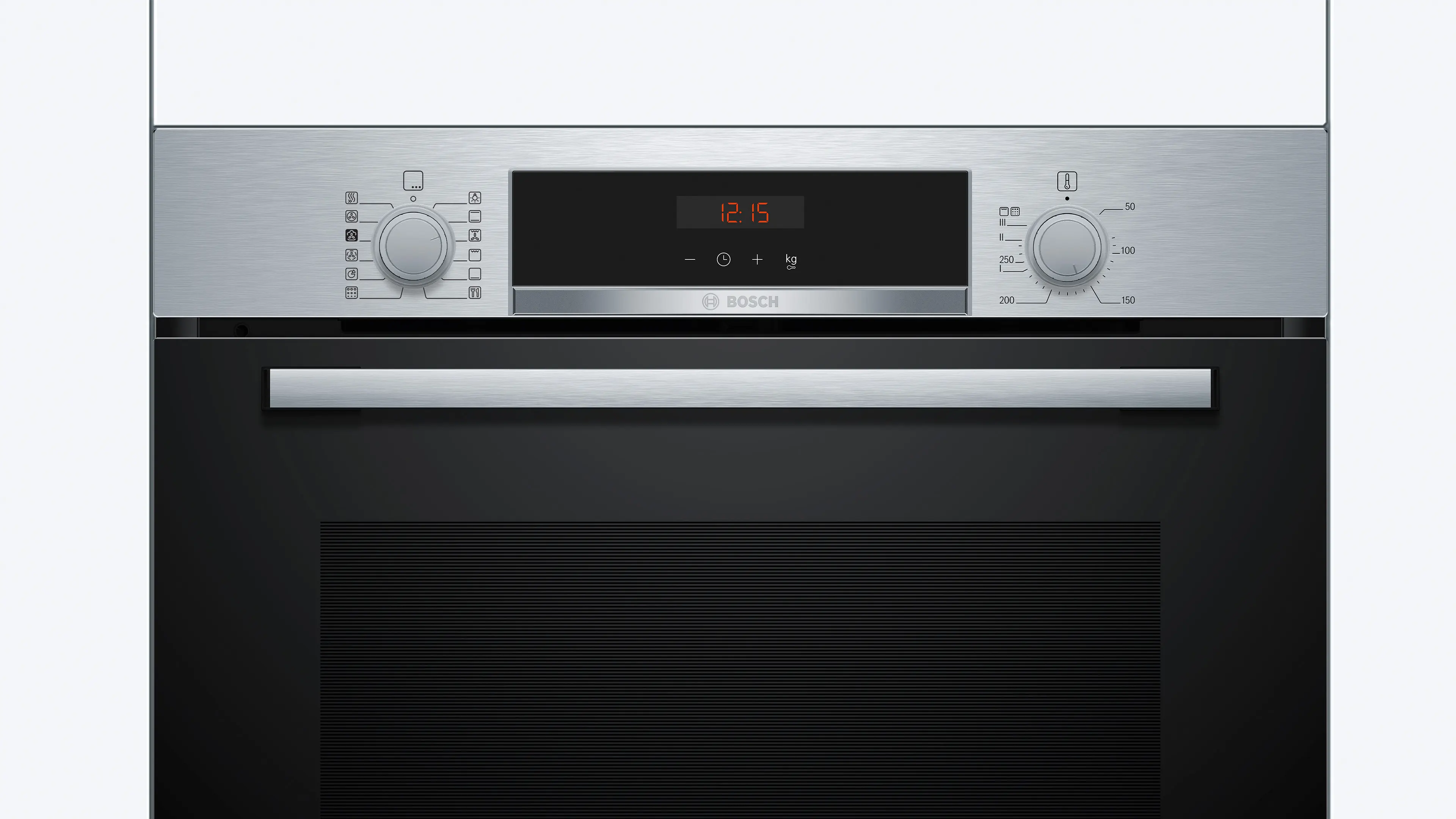 Horno de acero inoxidable con pantalla digital que muestra 12:15. Perillas para ajustes y control de temperatura. Puerta negra.