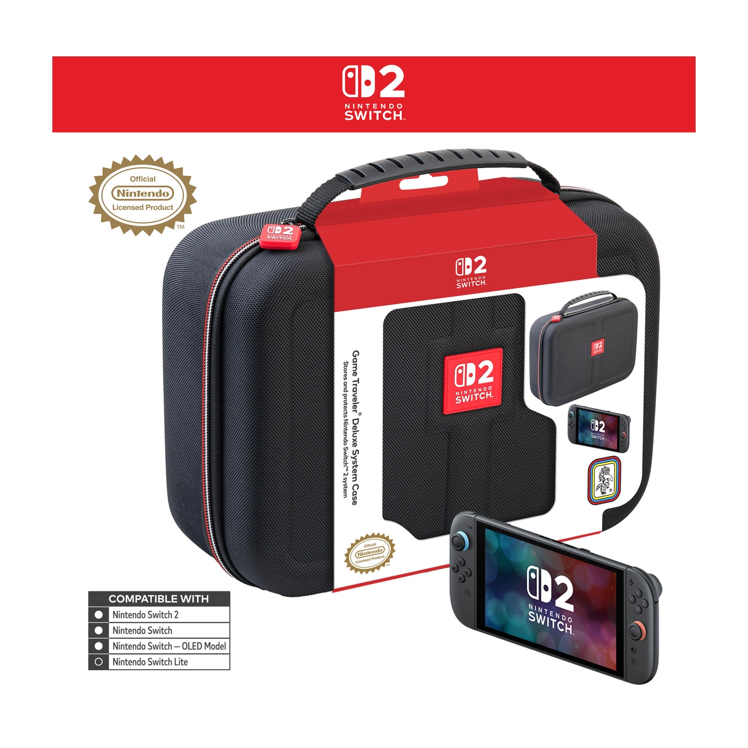 Una custodia nera per Nintendo Switch con dettagli rossi e una console Nintendo Switch. La custodia è mostrata con una scatola rossa e il logo.