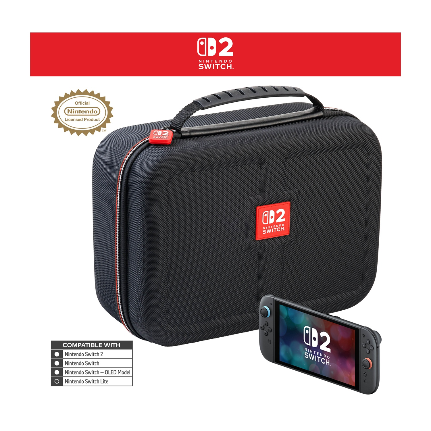Una custodia per Nintendo Switch nera con una console Switch. La custodia ha una maniglia e lo Switch è sul lato. Il logo Nintendo è visibile.