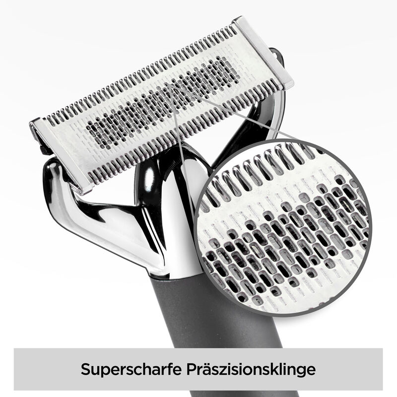 Nahaufnahme eines Scherkopfes. Er ist silberfarben und hat viele kleine Löcher. Der Griff ist schwarz mit Chrom-Finish.