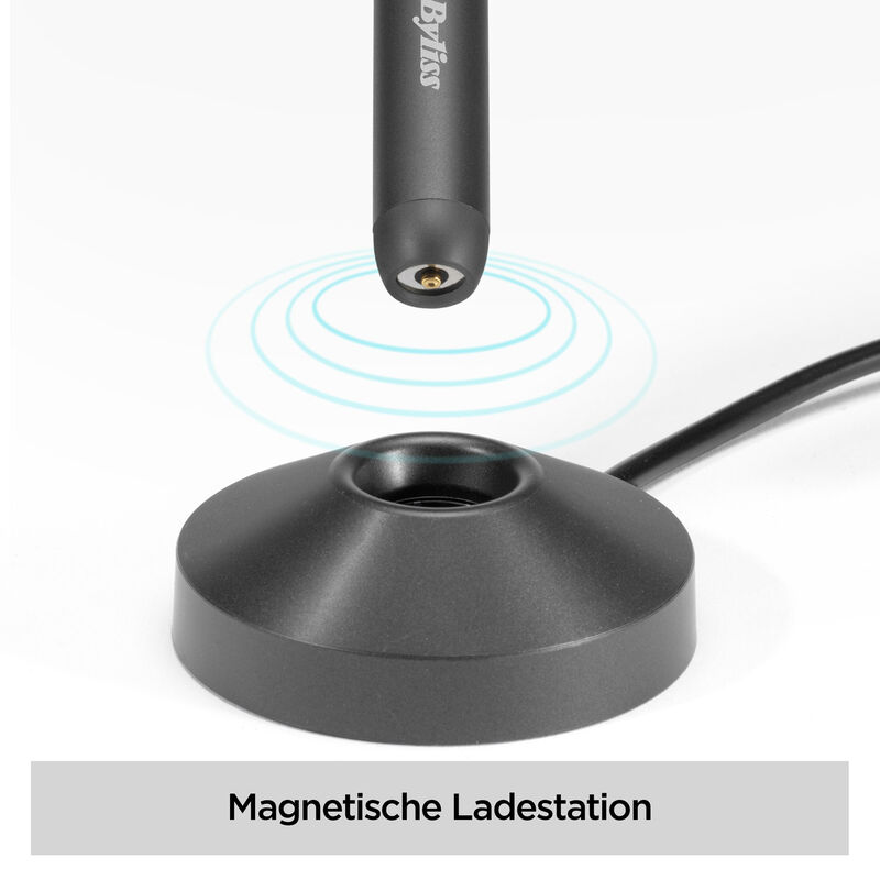 Schwarze Ladestation mit schwarzem Gerät darüber, das blaue Wellen aussendet. Text unten: 'Magnetische Ladestation'.