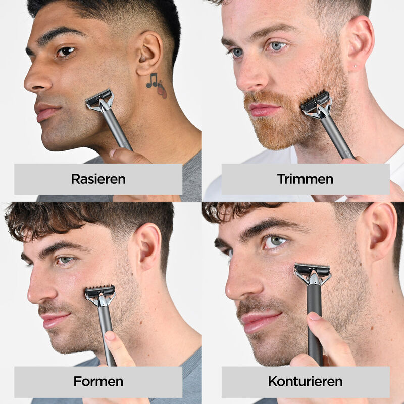 Vier Männer rasieren sich. Jeder benutzt einen Rasierer. Textbezeichnungen sind 'Rasieren', 'Trimmen', 'Formen' und 'Konturieren'.