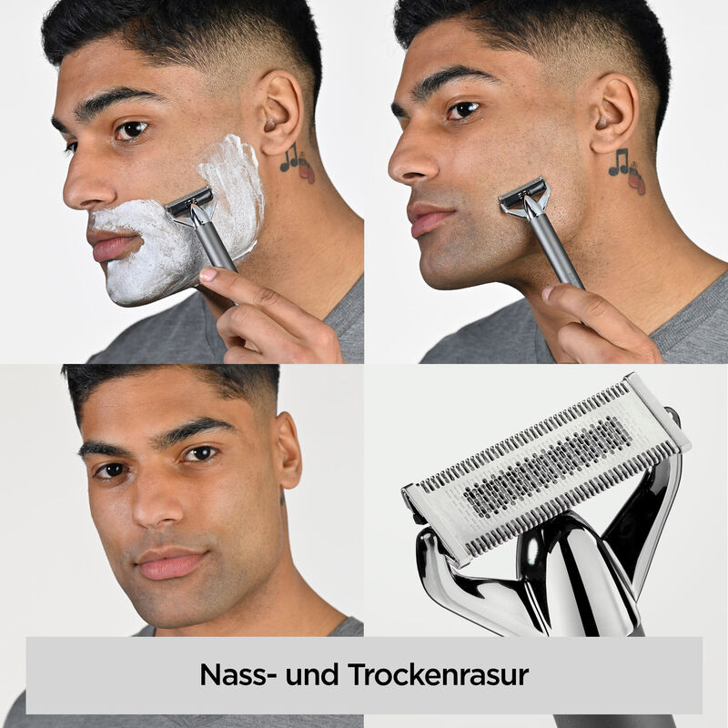 Ein Mann rasiert sich mit einem Rasierer. Das Bild zeigt verschiedene Stadien der Rasur mit einem Rasierer und eine Nahaufnahme der Rasierklinge.