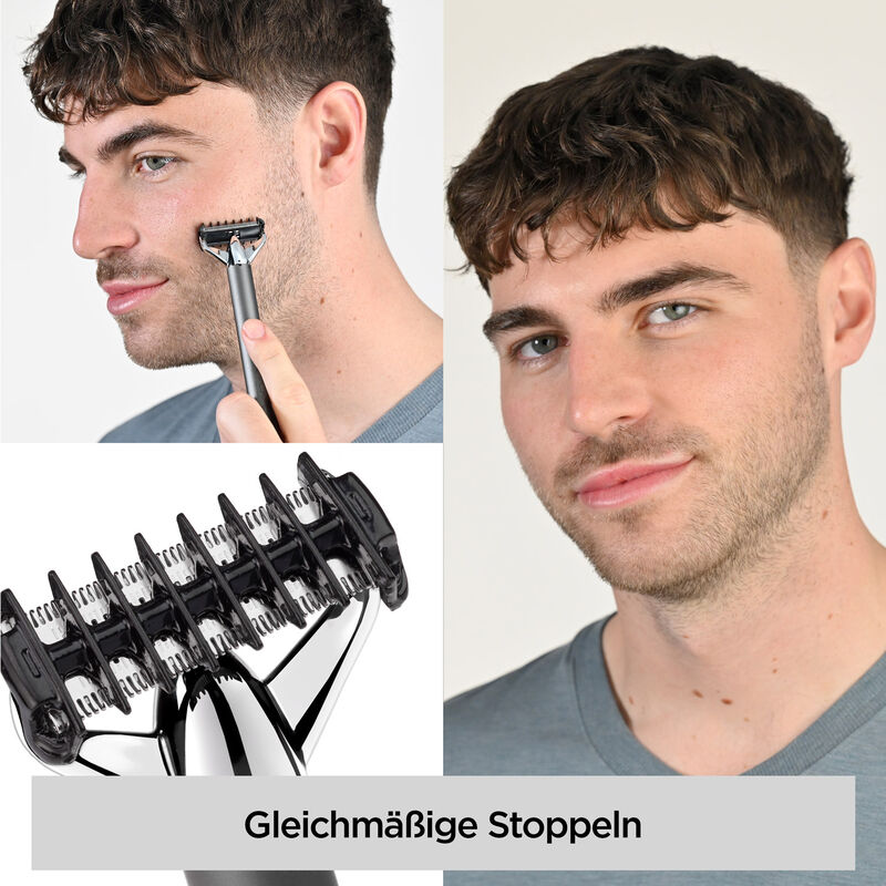 Ein Mann rasiert sich. Nahaufnahme der Rasierklinge. Der Mann hat kurze, braune Haare und ein blaues Hemd.
