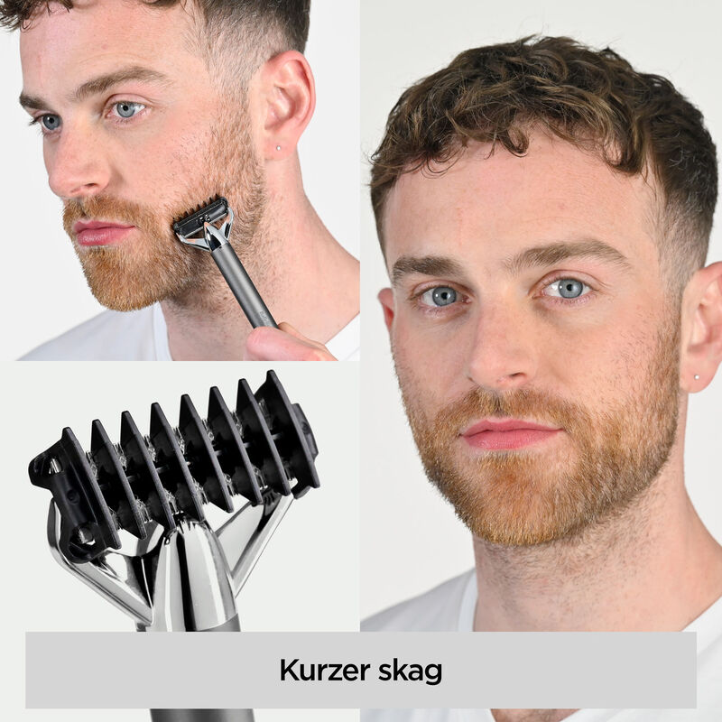 Ein Mann rasiert seinen Bart mit einem Rasierer. Das Bild enthält Nahaufnahmen des Rasierers und des Gesichts des Mannes. Der Text unten lautet 'Kurzer skag'.
