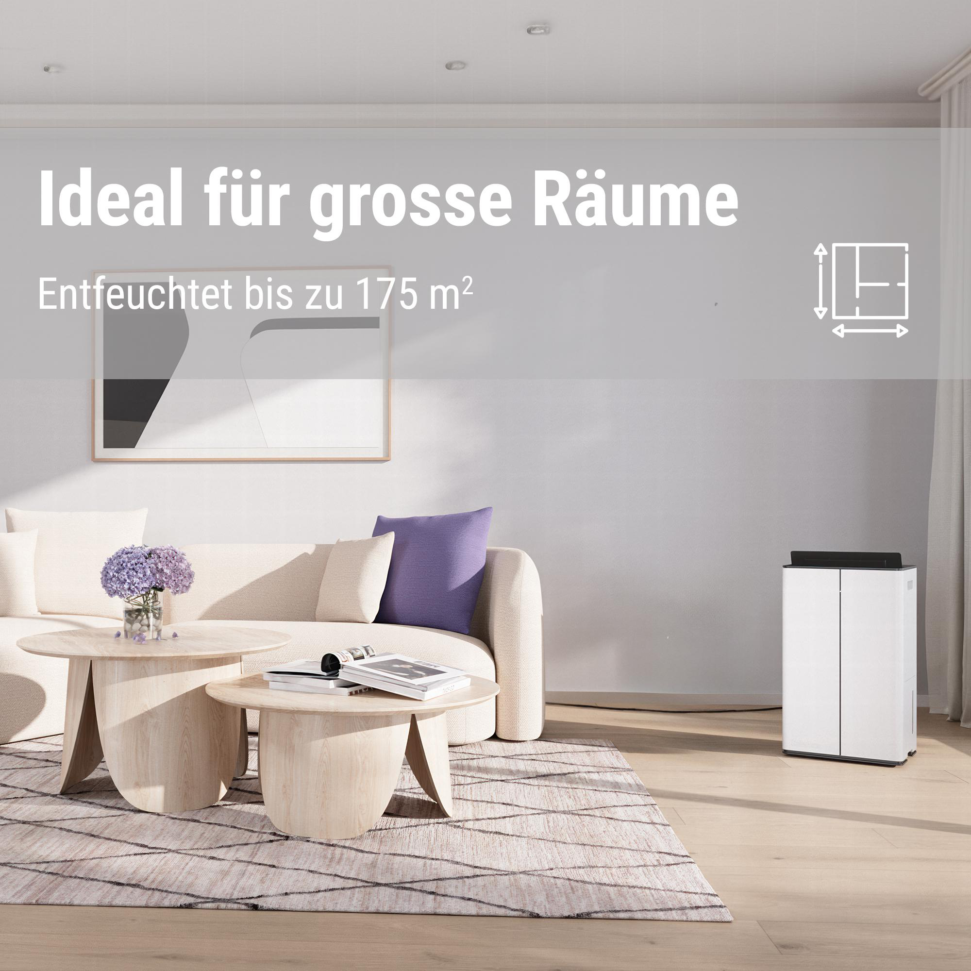 Wohnzimmerszene mit weißem Luftentfeuchter, Sofa, Couchtischen und abstrakter Kunst.