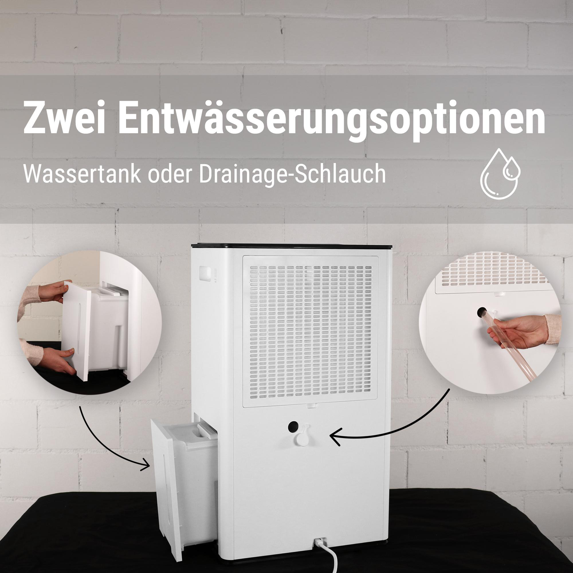 Ein weißer Luftentfeuchter mit zwei Entwässerungsoptionen: Wassertank oder Ablassschlauch. Hände zeigen den Vorgang.