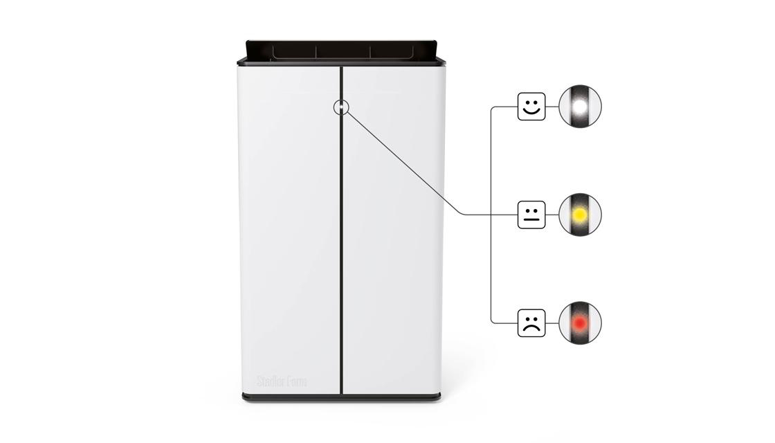 Weißer Luftreiniger mit schwarzem Deckel. Anzeigen zeigen glückliche, neutrale und traurige Gesichter. Jedes Gesicht entspricht einer Lichtfarbe.