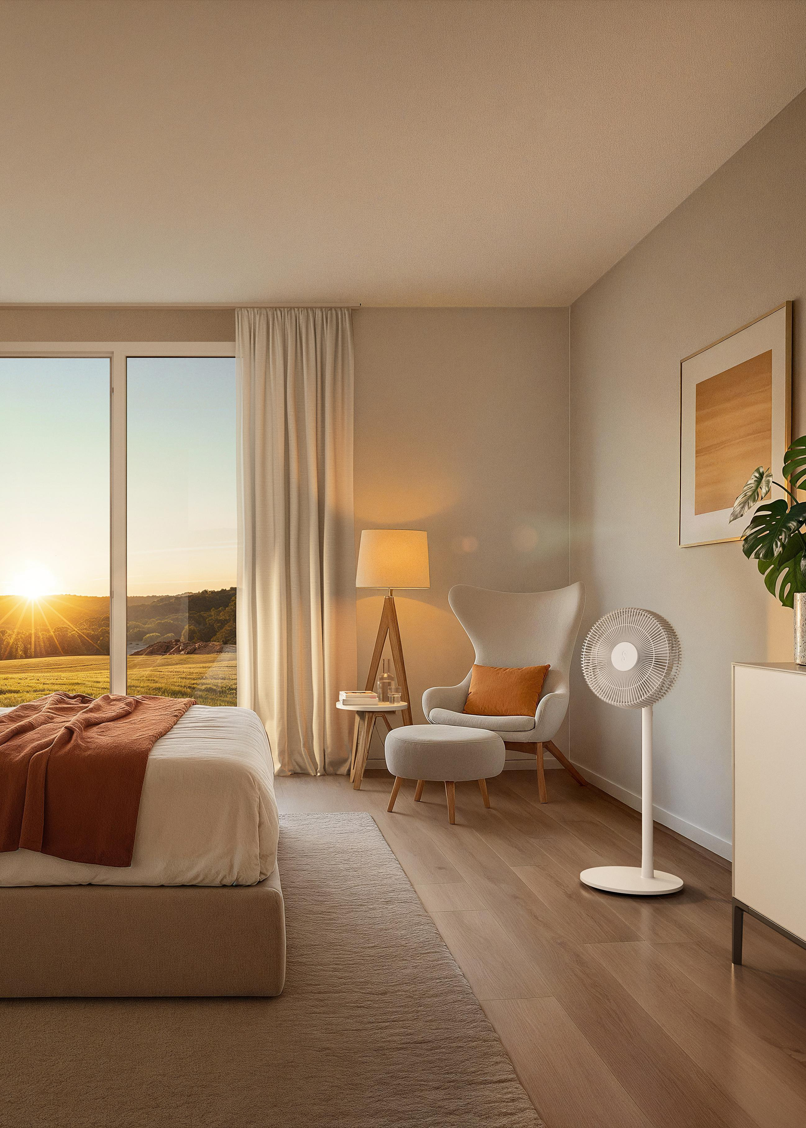 Schlafzimmer: Bett, Sessel, Ventilator, Fenster mit Aussicht, Teppich, Beistelltisch, Kunstwerk.