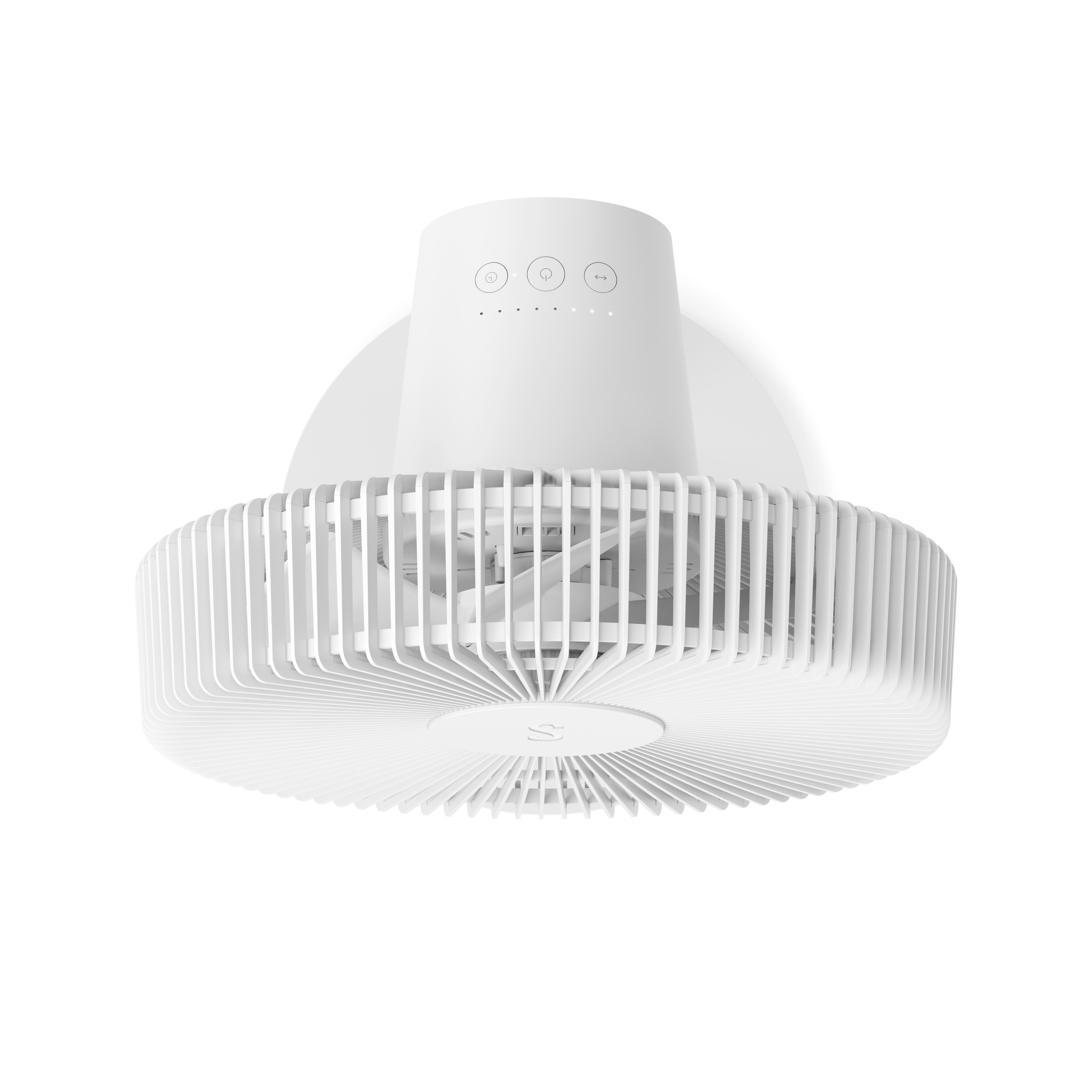 Weißer Deckenventilator mit kreisförmigem Design. Er hat ein zentrales Bedienfeld und eine Reihe von Flügeln.