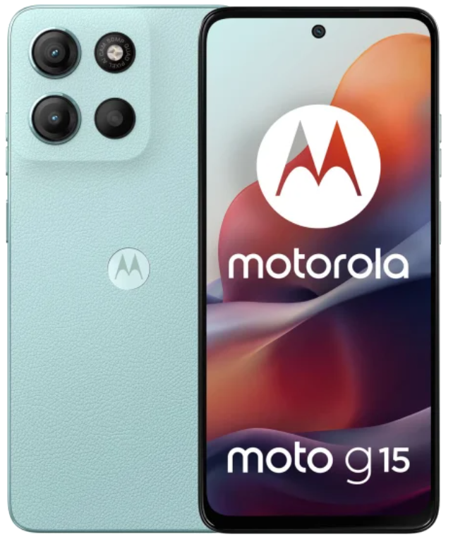 Wyświetlany jest jasnoniebieski telefon Motorola Moto G15. Ekran wyświetla logo Motorola i tekst Moto G15.
