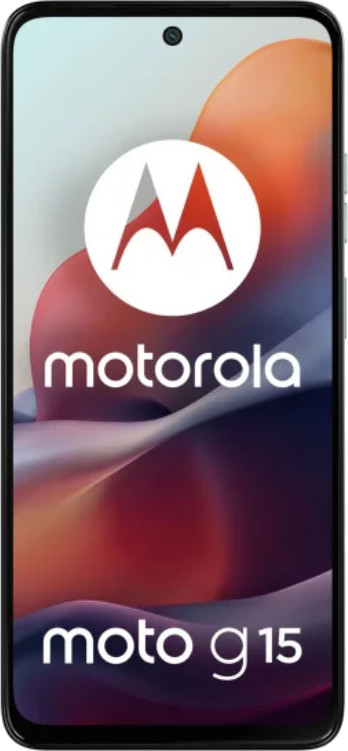 Smartfon z ekranem pokazującym logo Motorola i tekst Moto G15. Tło ma gradient kolorów.