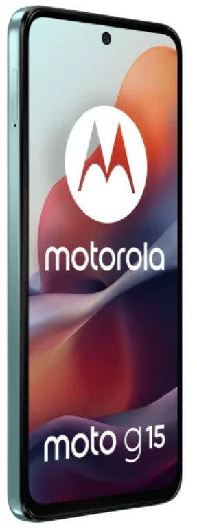 Smartfon Motorola Moto g15. Wyświetlacz z logo Motorola. Telefon ma jasnoniebieską ramkę i ciemnoczerwone tło.