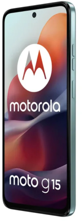 Smartfon Motorola Moto G15. Telefon wyświetla logo marki i nazwę modelu. Ma miętową zieloną ramkę.