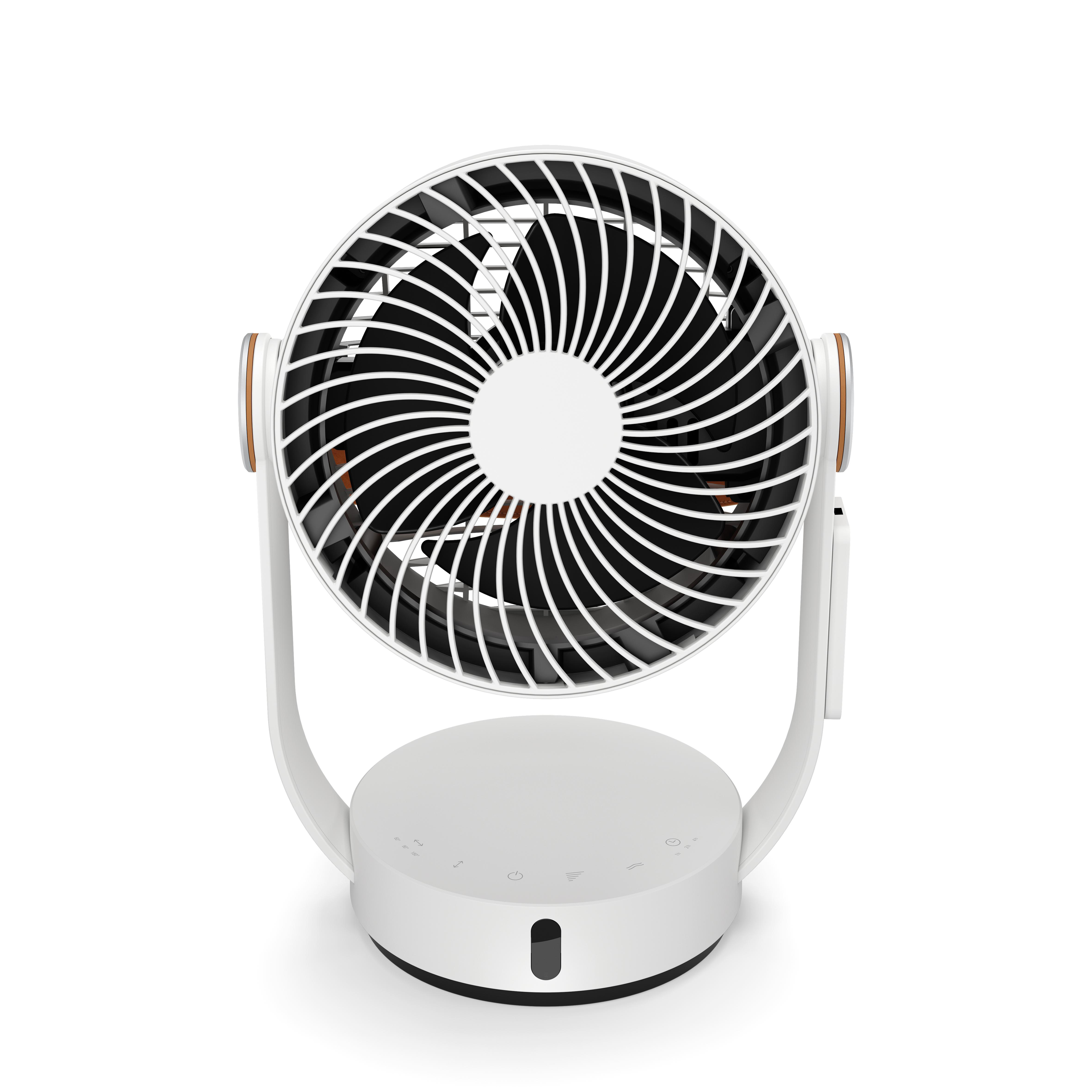 Ein weißer Ventilator mit schwarzen Flügeln. Er hat eine runde Form und einen Sockel mit Bedienelementen.