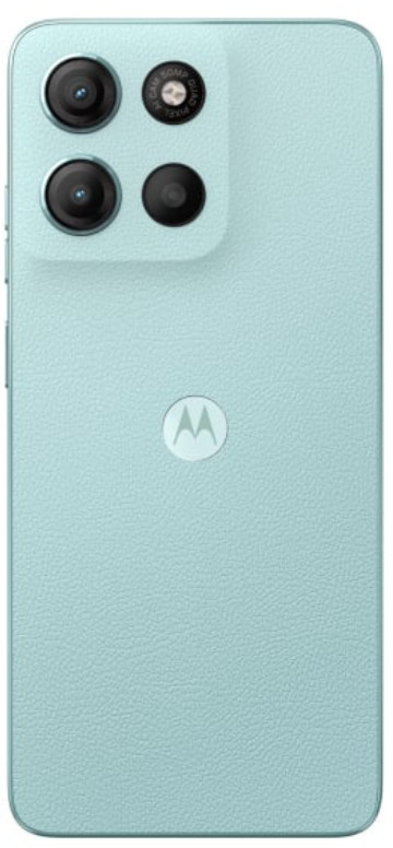Jasnoniebieski tył smartfona z modułem aparatu. Ma cztery obiektywy, logo Motorola i teksturowaną powierzchnię.