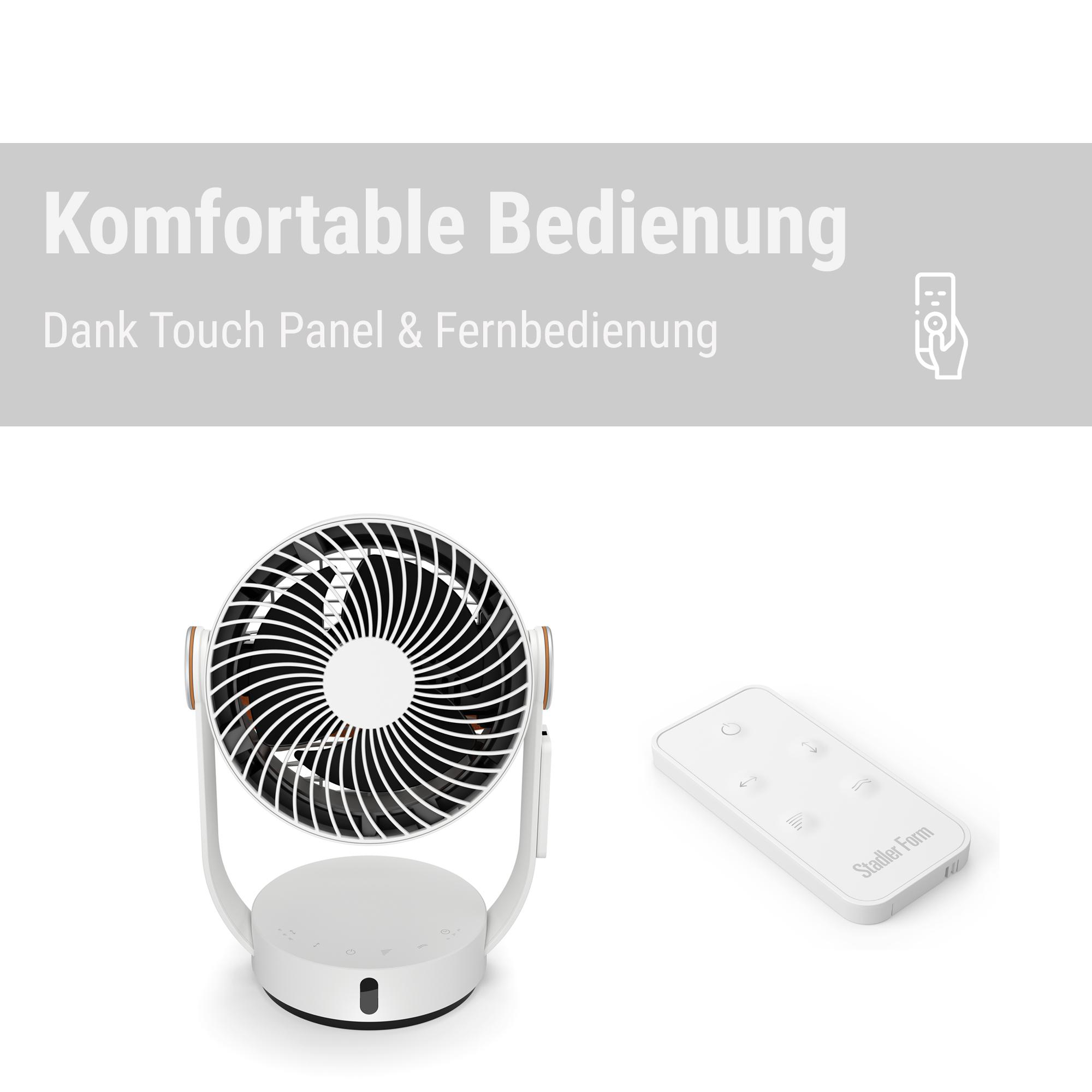Weißer Ventilator mit schwarzen Flügeln, eine Fernbedienung und Text: 'Komfortable Bedienung'. Der Hintergrund ist weiß.