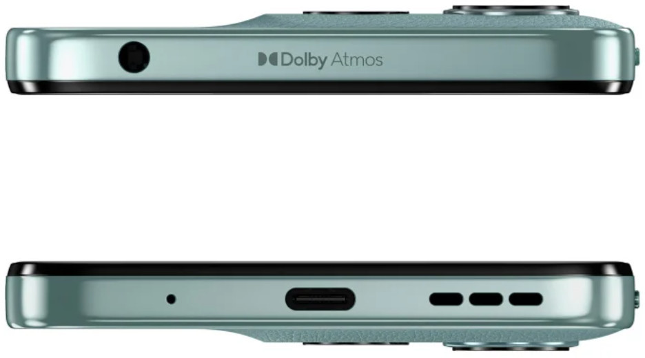 Widok z góry i z dołu jasnoniebieskiego smartfona. Widoczny jest jack słuchawkowy, logo Dolby Atmos i port USB-C.