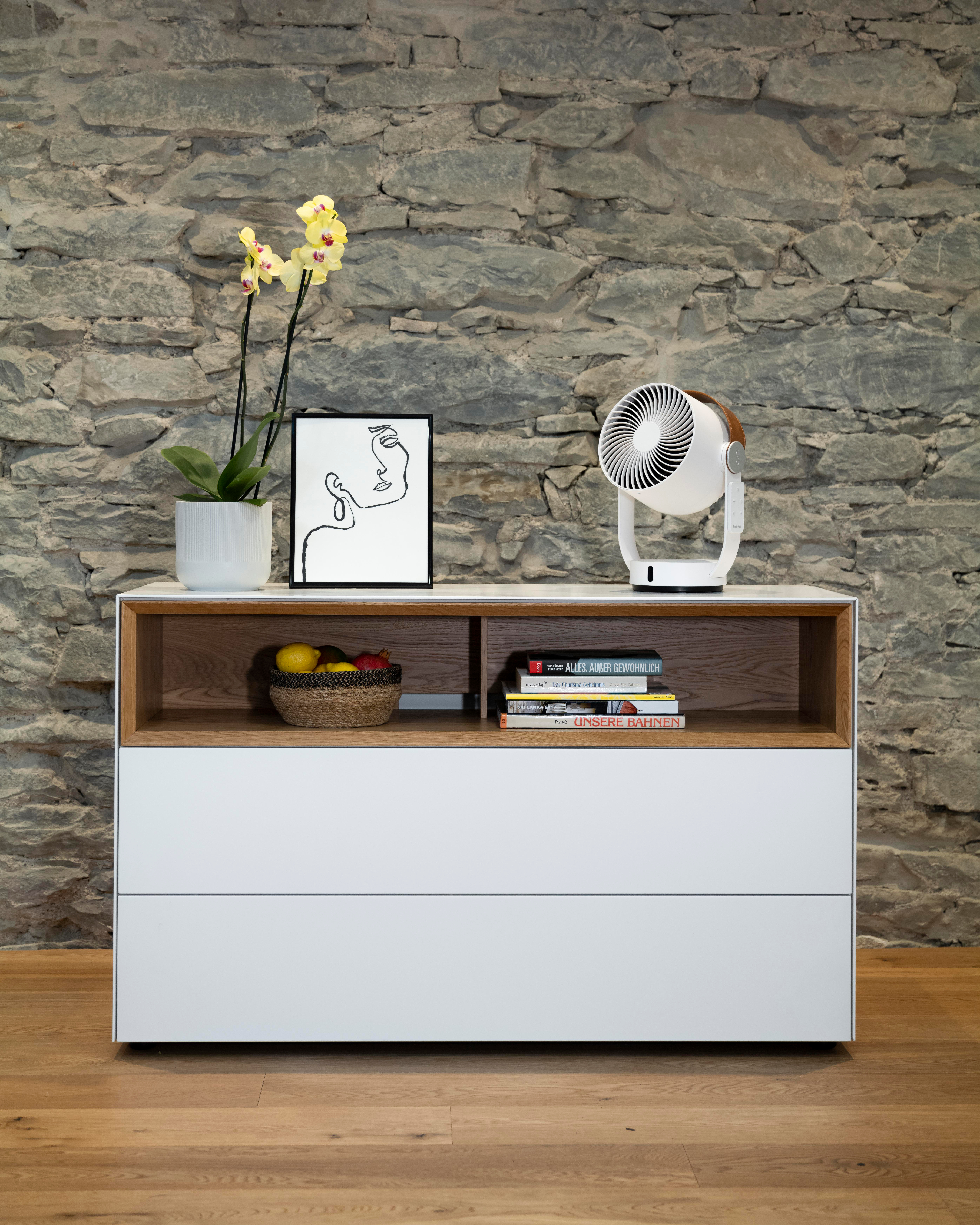 Ein weißer Schrank mit Holzregal, Korb mit Früchten, Bücher, Ventilator und gerahmter Kunst. Pflanze und Steinmauer im Hintergrund.