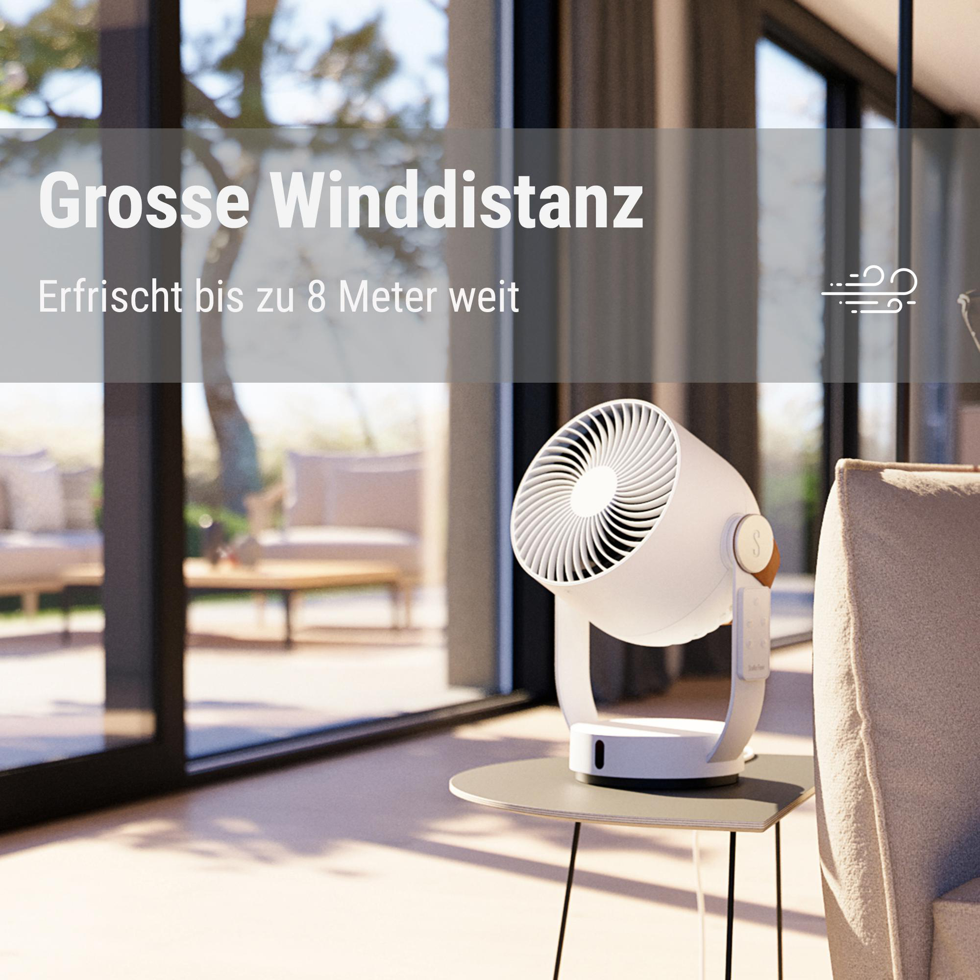 Ein weißer Ventilator auf einem Beistelltisch. Der Text lautet: Große Winddistanz, kühlt bis zu 8 Meter.