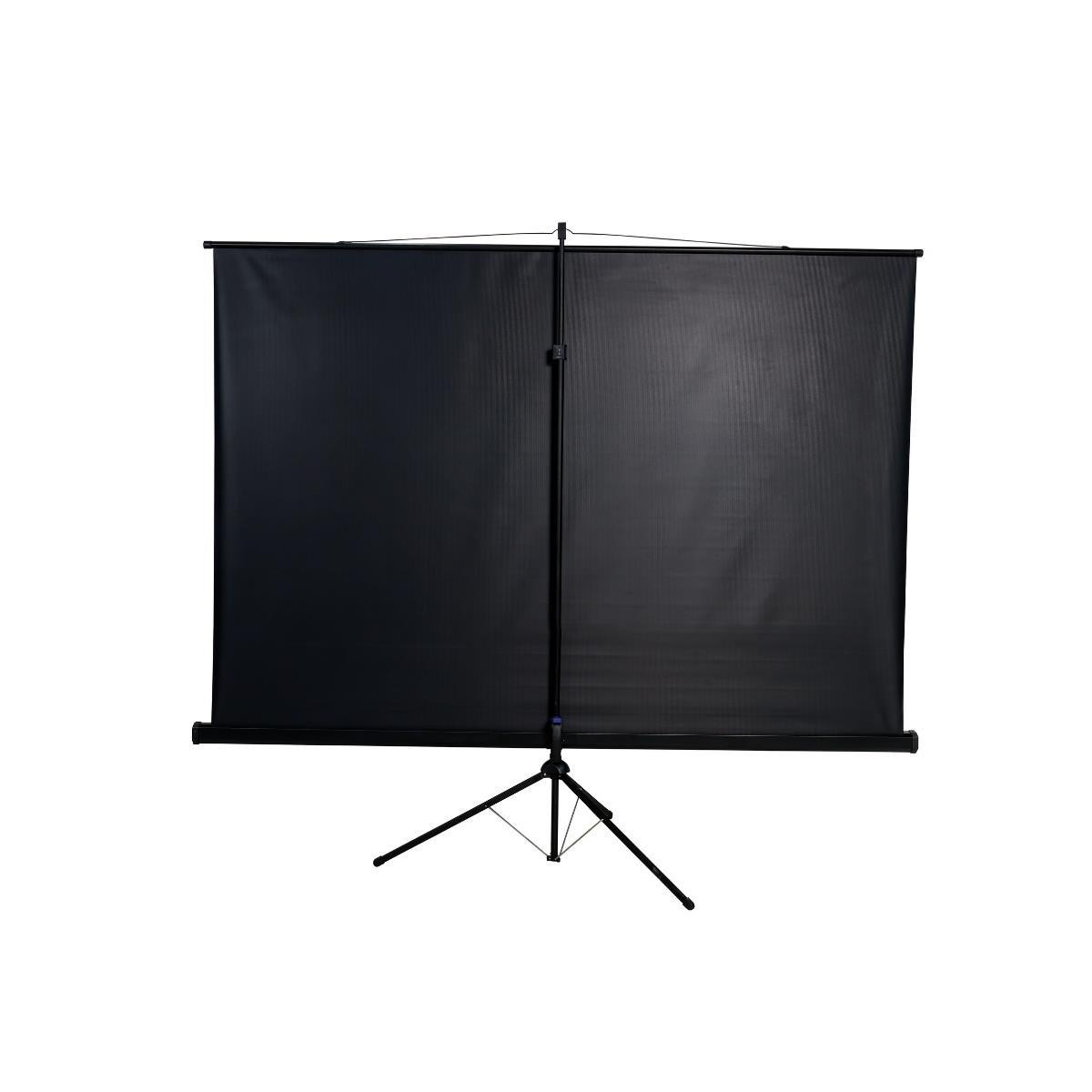 Siyah bir projeksiyon perdesi bir tripod üzerinde kuruludur. Ekran dikdörtgen şeklindedir ve tripodun üç bacağı vardır, hepsi siyahtır.