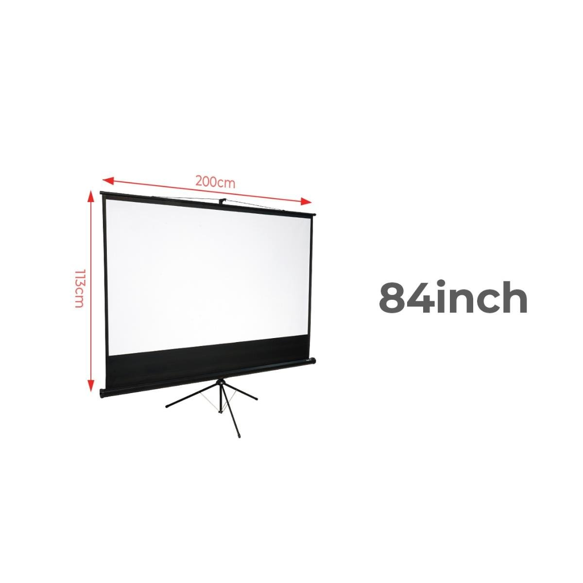 Beyaz projeksiyon perdesi, 200 cm genişliğinde, 113 cm yüksekliğinde ve 84 inç. Siyah bir tripod üzerinde, beyaz arka plan üzerinde.