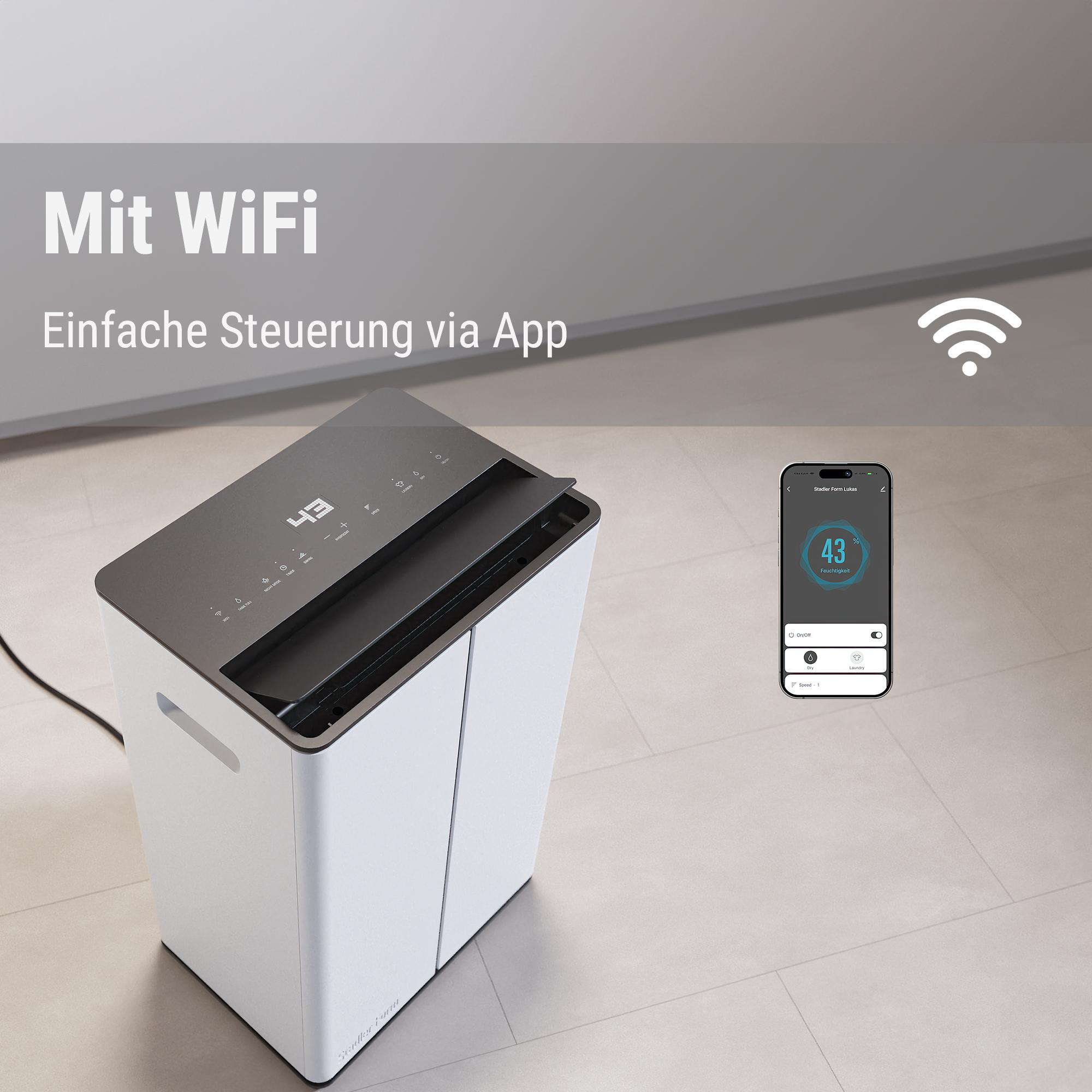 Ein weiß-schwarzer Luftreiniger mit Smartphone, das die Luftfeuchtigkeit 43 anzeigt. Text: Mit WiFi, Einfache Steuerung via App.