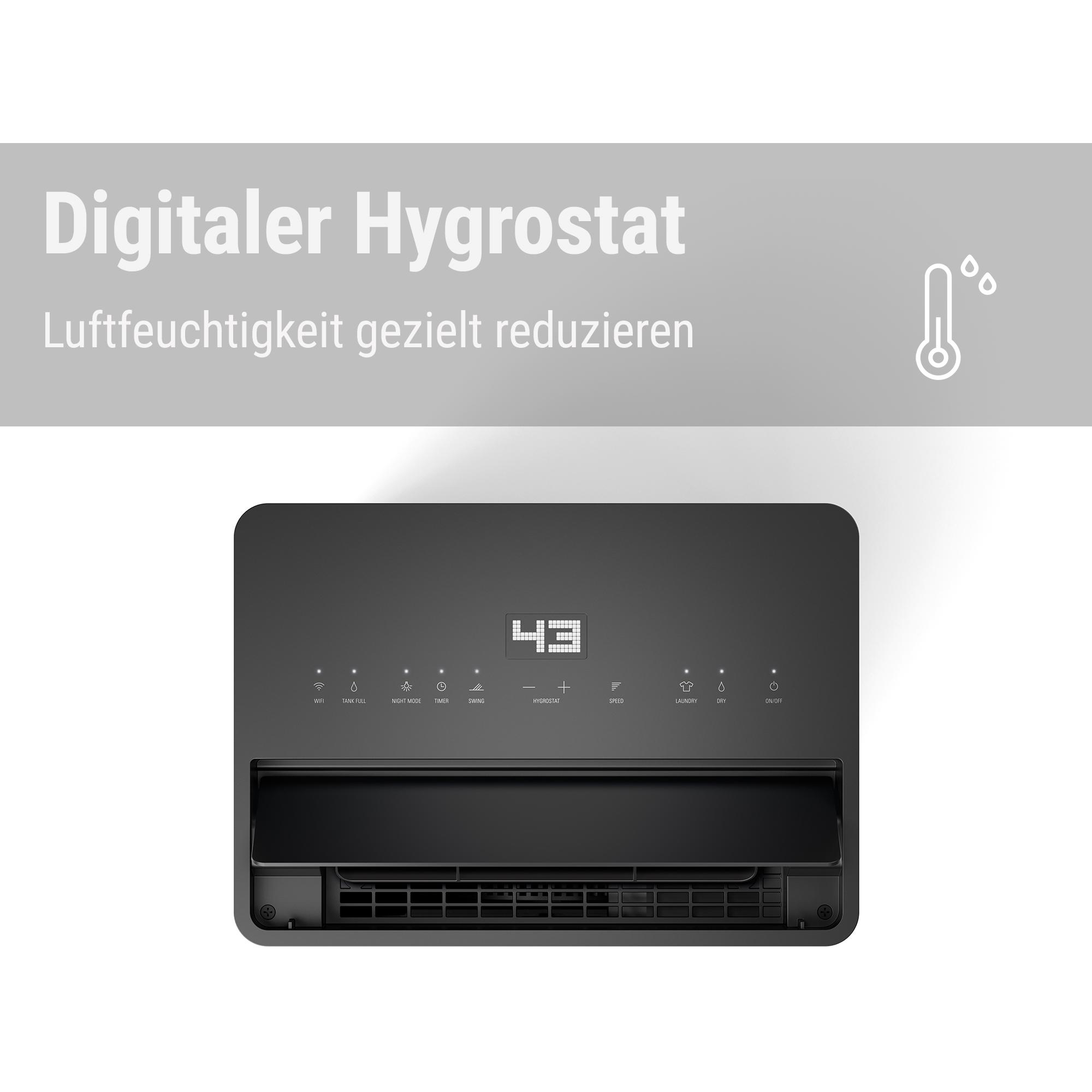 Ein schwarzer digitaler Luftentfeuchter mit einer Anzeige, die '43' zeigt. Er hat mehrere Symbole und Tasten.