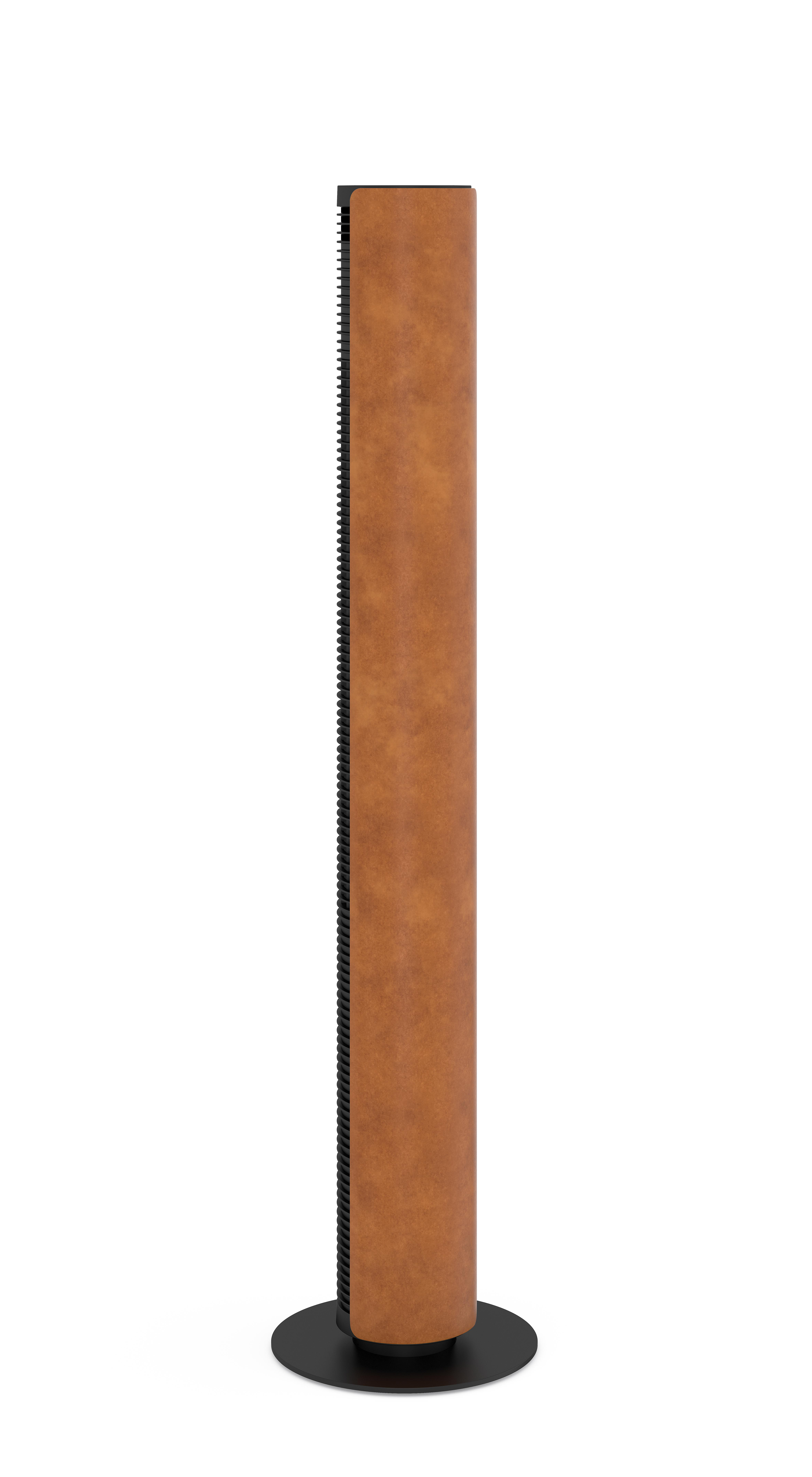 Ein hoher, zylindrischer brauner Apparat mit schwarzem Sockel. Ein schwarzer, gerippter Abschnitt verläuft an der Seite.