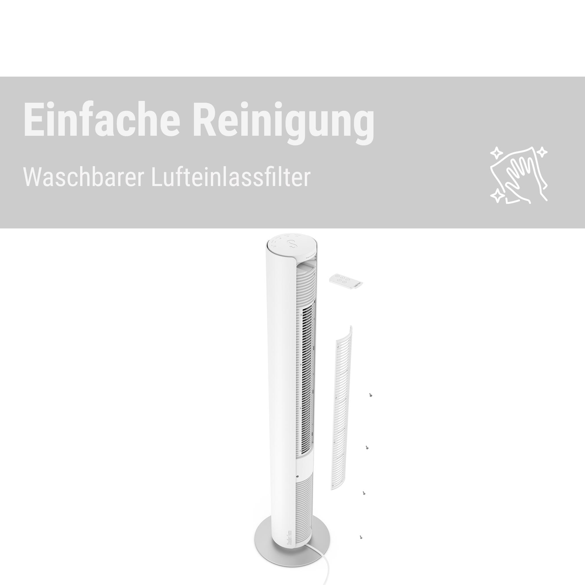 Ein weißer Luftreiniger mit abnehmbarem Filter wird angezeigt. Der Text oben lautet 'Einfache Reinigung'.