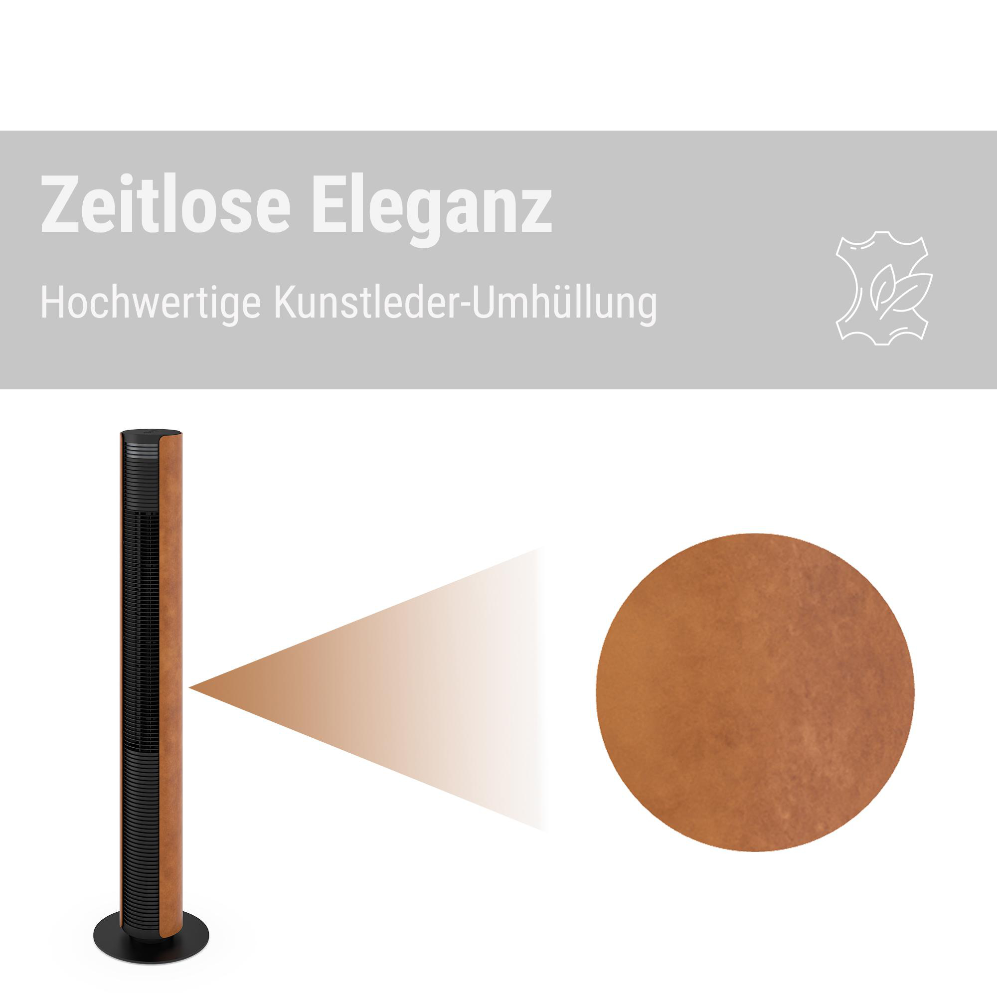Ein braun-schwarzer Turmventilator mit einer kreisförmigen braunen Form und Text auf grauem Hintergrund.