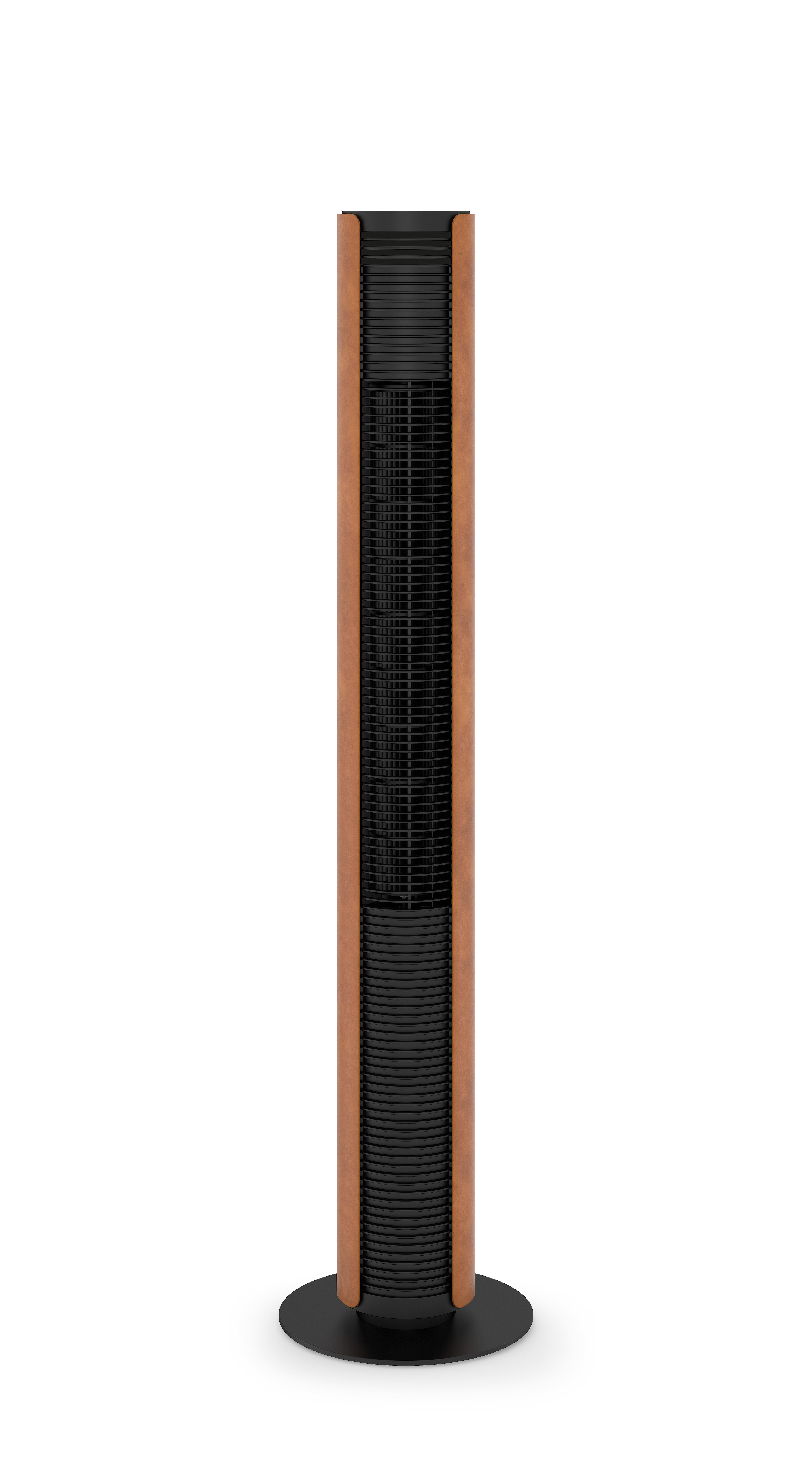 Ein hoher, schlanker Turmventilator. Er hat eine schwarze Front mit braunen Seitenteilen. Der Sockel ist schwarz, und der Hintergrund ist weiß.