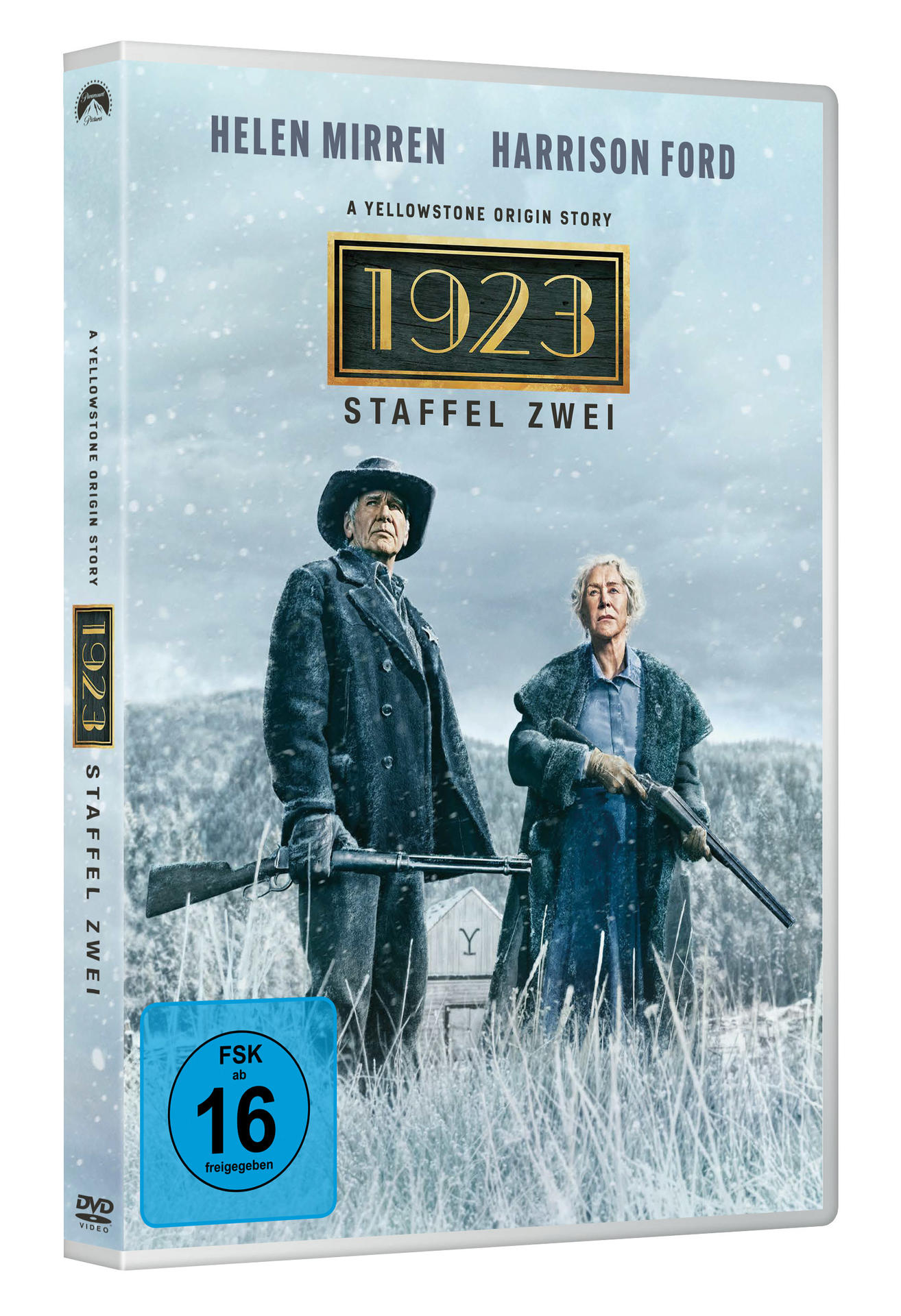 DVD-Cover von 1923 mit Helen Mirren und Harrison Ford. Sie halten Gewehre und stehen in verschneiter Landschaft. Der Titel ist prominent.
