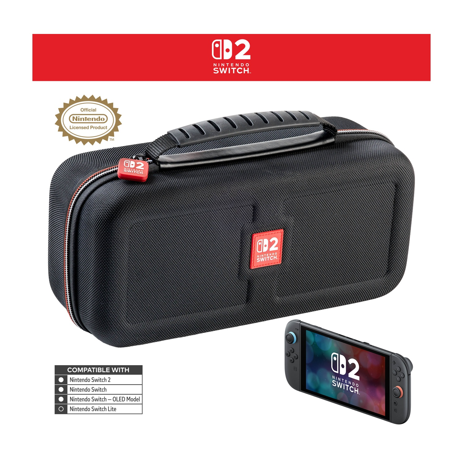 Una custodia nera per Nintendo Switch con cerniera rossa, il logo Nintendo Switch e una console Switch su sfondo bianco.