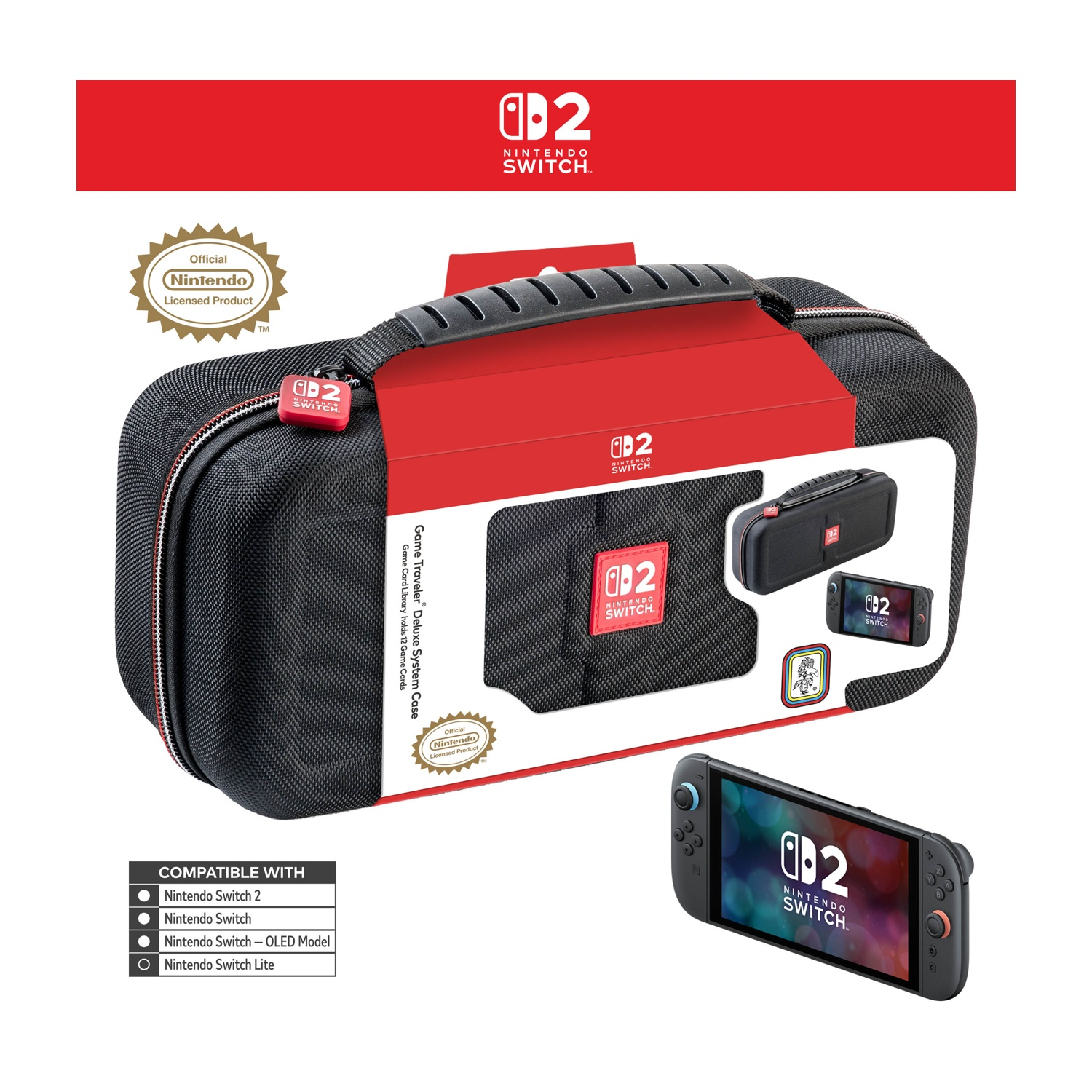 Una custodia per Nintendo Switch di colore nero. Include immagini della Switch e del logo Nintendo. Compatibile con vari modelli di Switch.