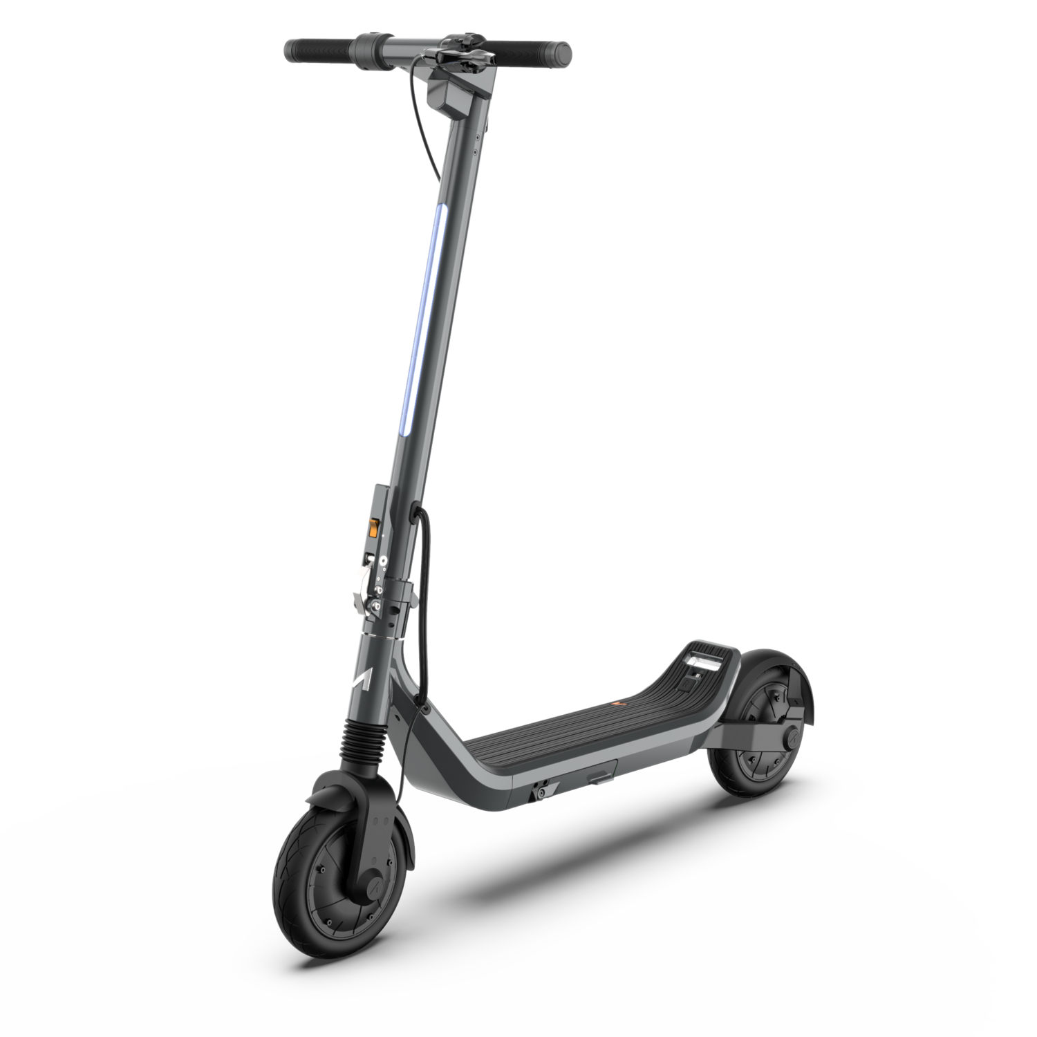 Une trottinette électrique grise est présentée sur un fond blanc. Elle est inclinée vers la droite, montrant la roue avant et le guidon.