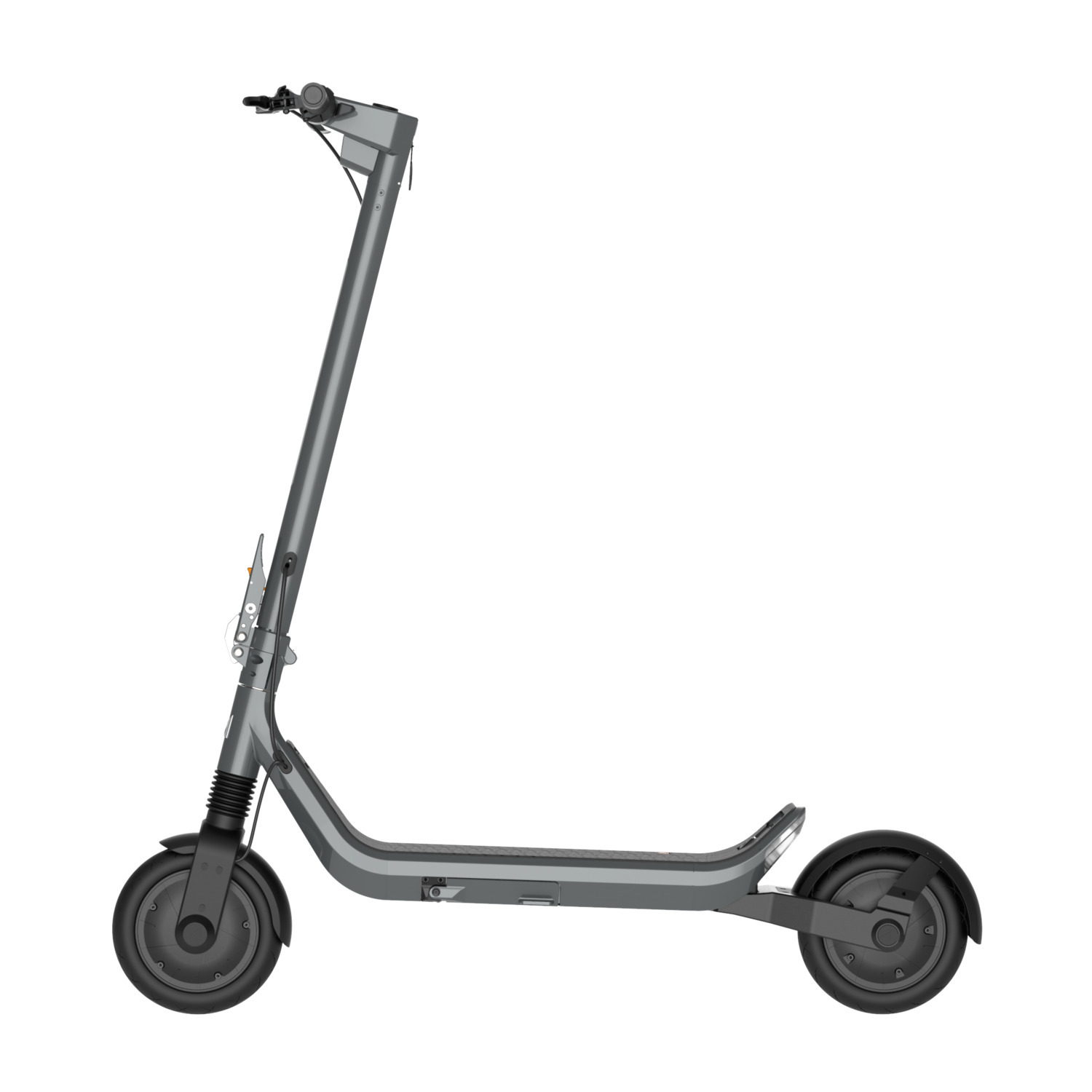 Une trottinette électrique grise sur fond blanc. Elle possède un guidon, un plateau, deux roues et une tige verticale.