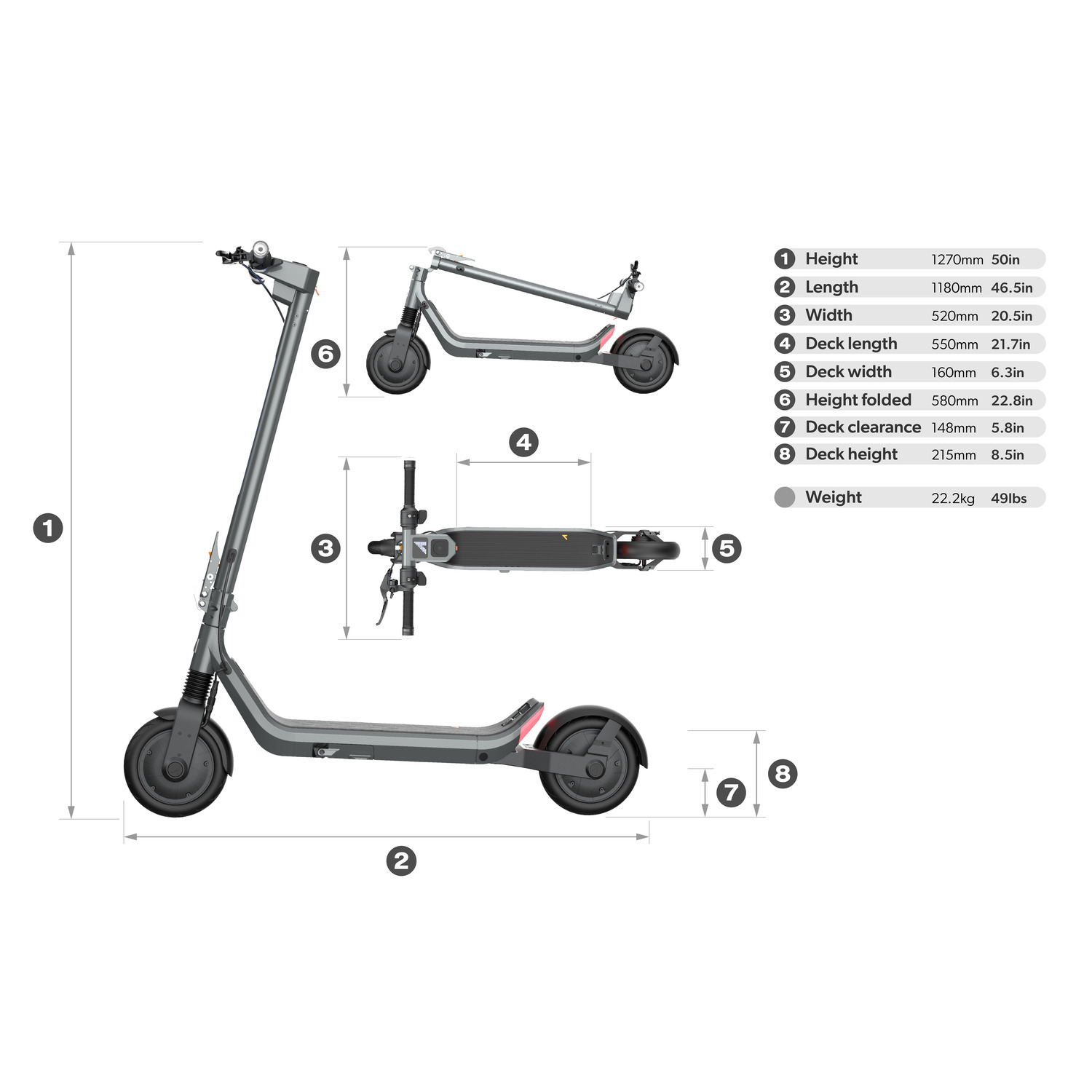 Une trottinette électrique avec des dimensions numérotées. La trottinette est grise, vue sous différents angles, avec des mesures telles que la hauteur, la longueur et la largeur.