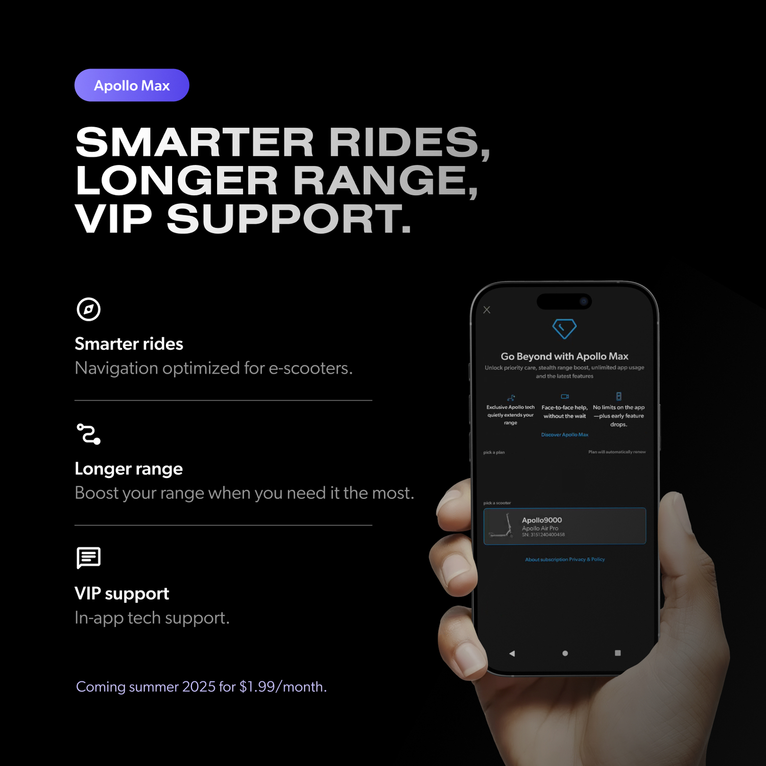 Un téléphone noir affiche une application pour Apollo Max, tenu par une main. Texte : 'Trajets plus intelligents, plus longue portée, support VIP'.