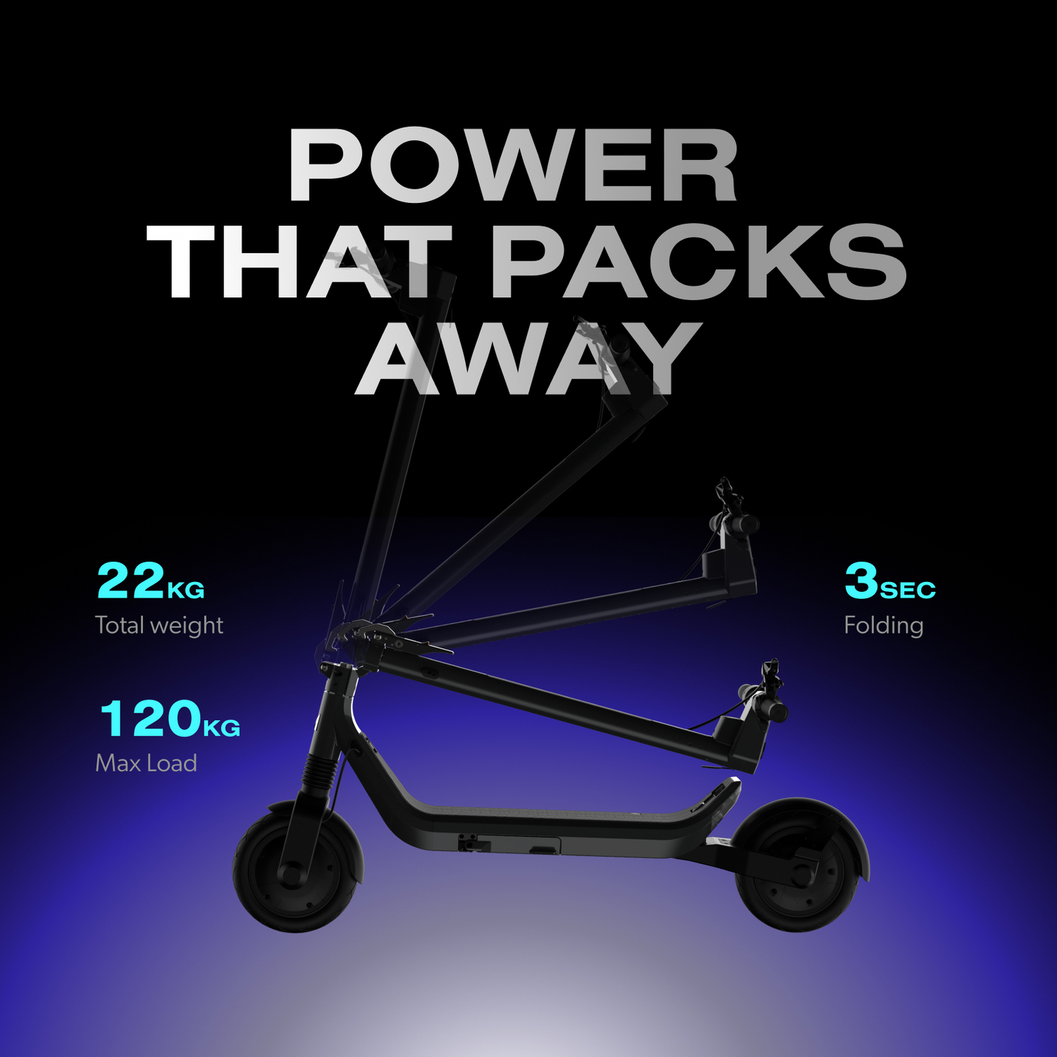 Trottinette électrique noire pliable avec texte sur le poids et le temps de pliage sur fond bleu et noir.