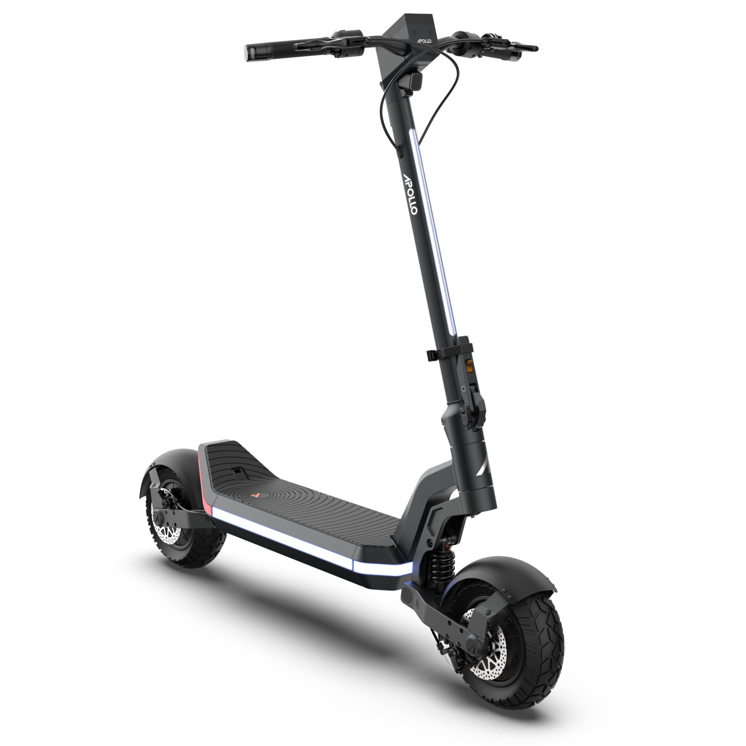 Black Apollo electric scooter on white background. Features handlebars, deck, wheels, and the Apollo logo on stem.
