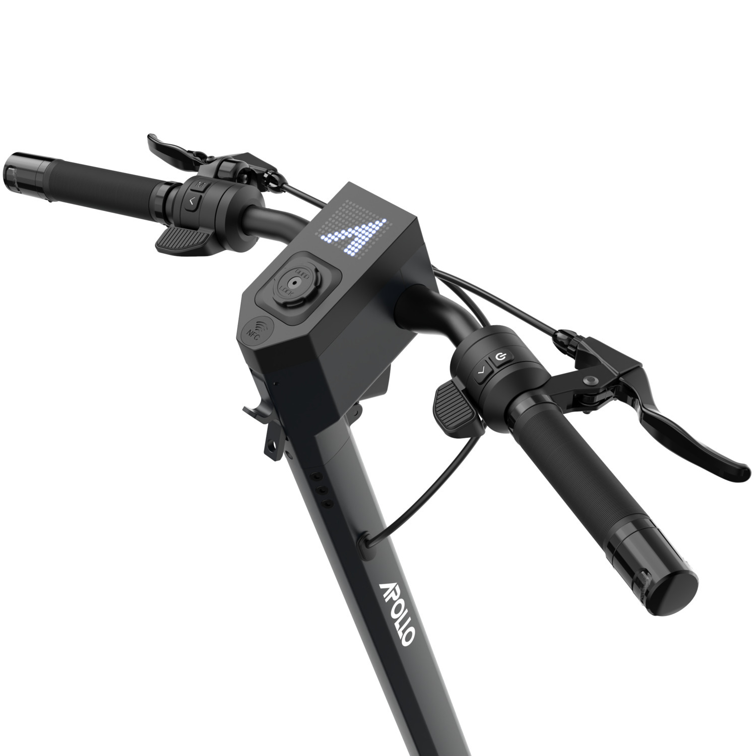 Close-up of a black electric scooter handlebar. Features include a display, handgrips, brake levers, and the Apollo brand.