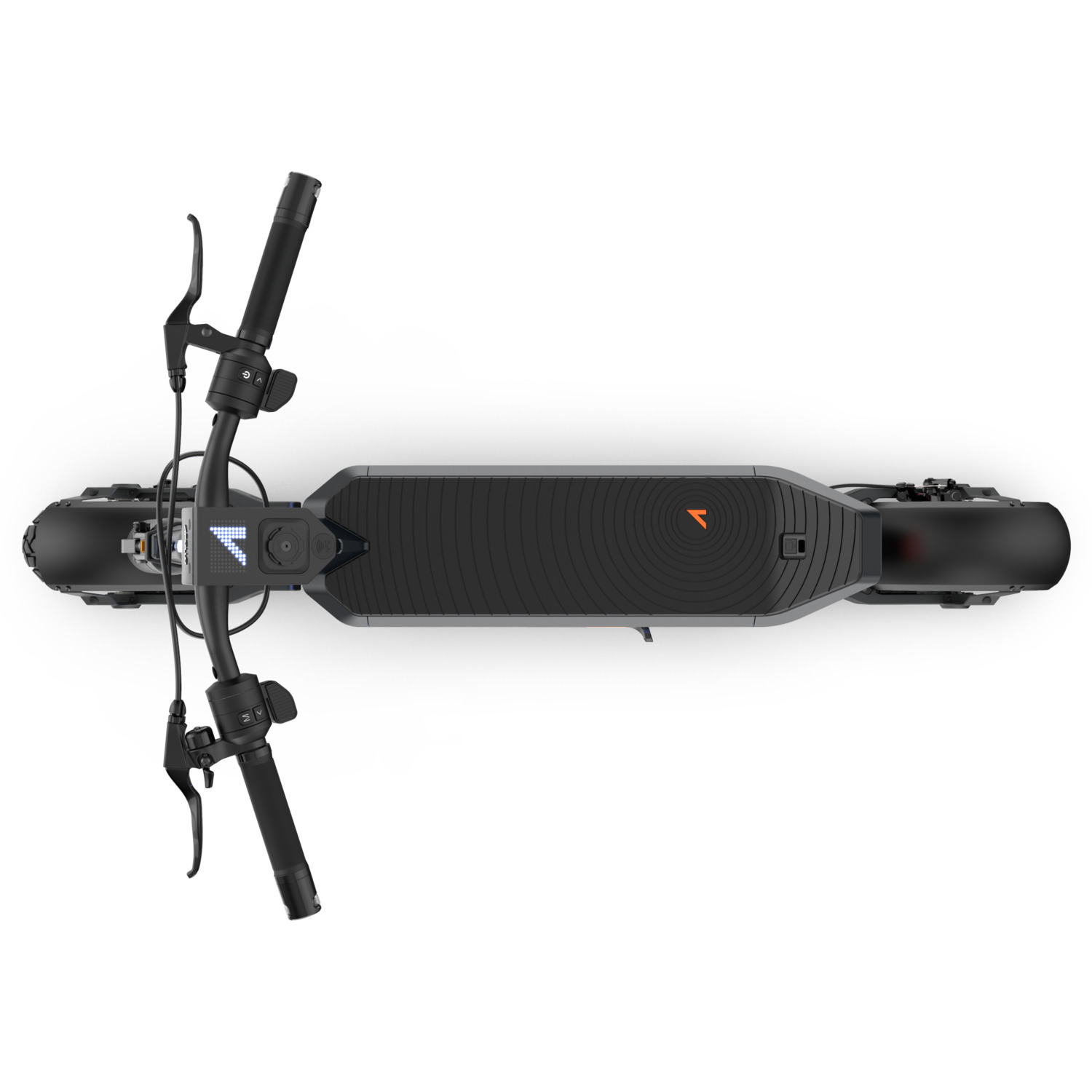 Overhead view of a black electric scooter. Handlebars, deck, and wheels are visible against a white background.