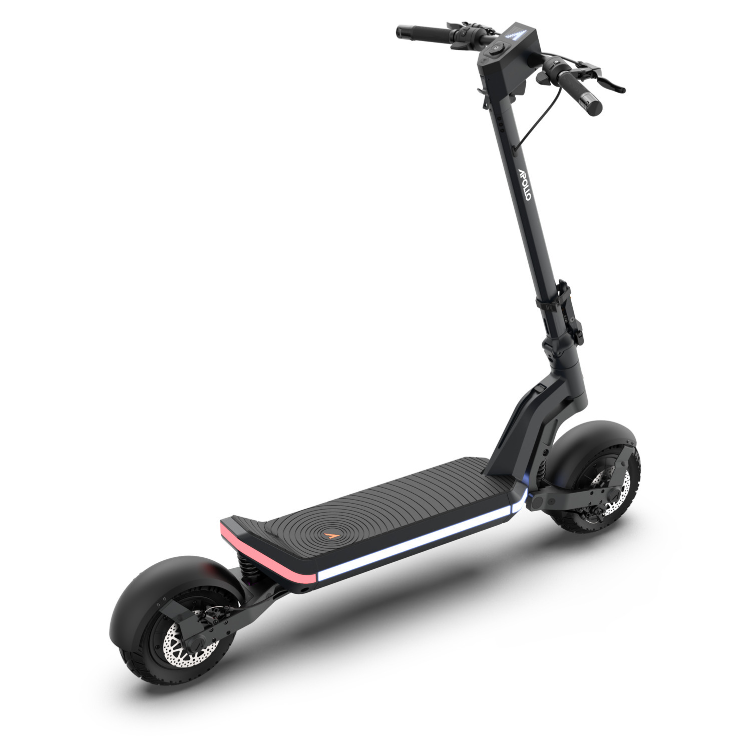 A black Apollo electric scooter on a white background. It has a long deck, two wheels, and handlebars. The scooter is angled.