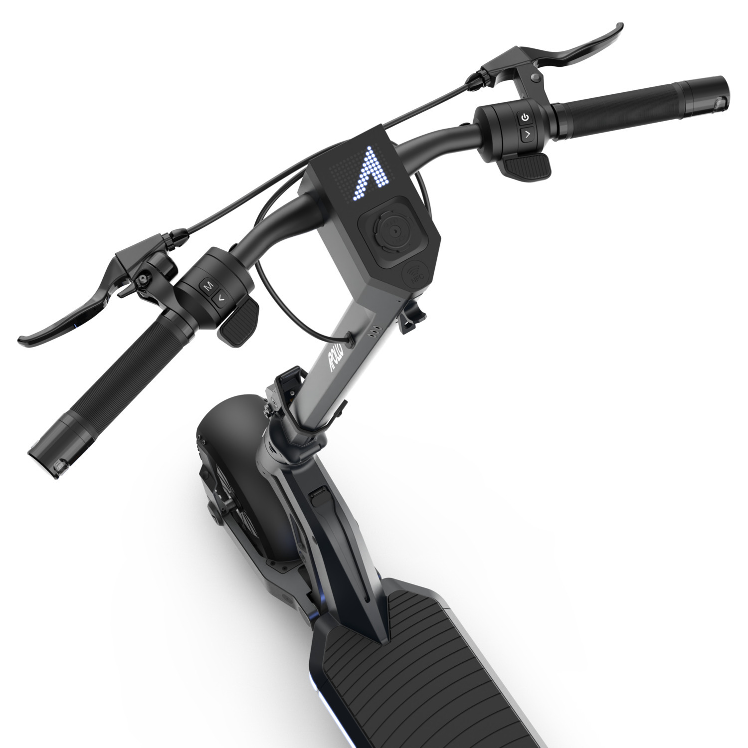 Close-up of an electric scooter handlebar. Black handlebar with controls, levers, and a display. White background.