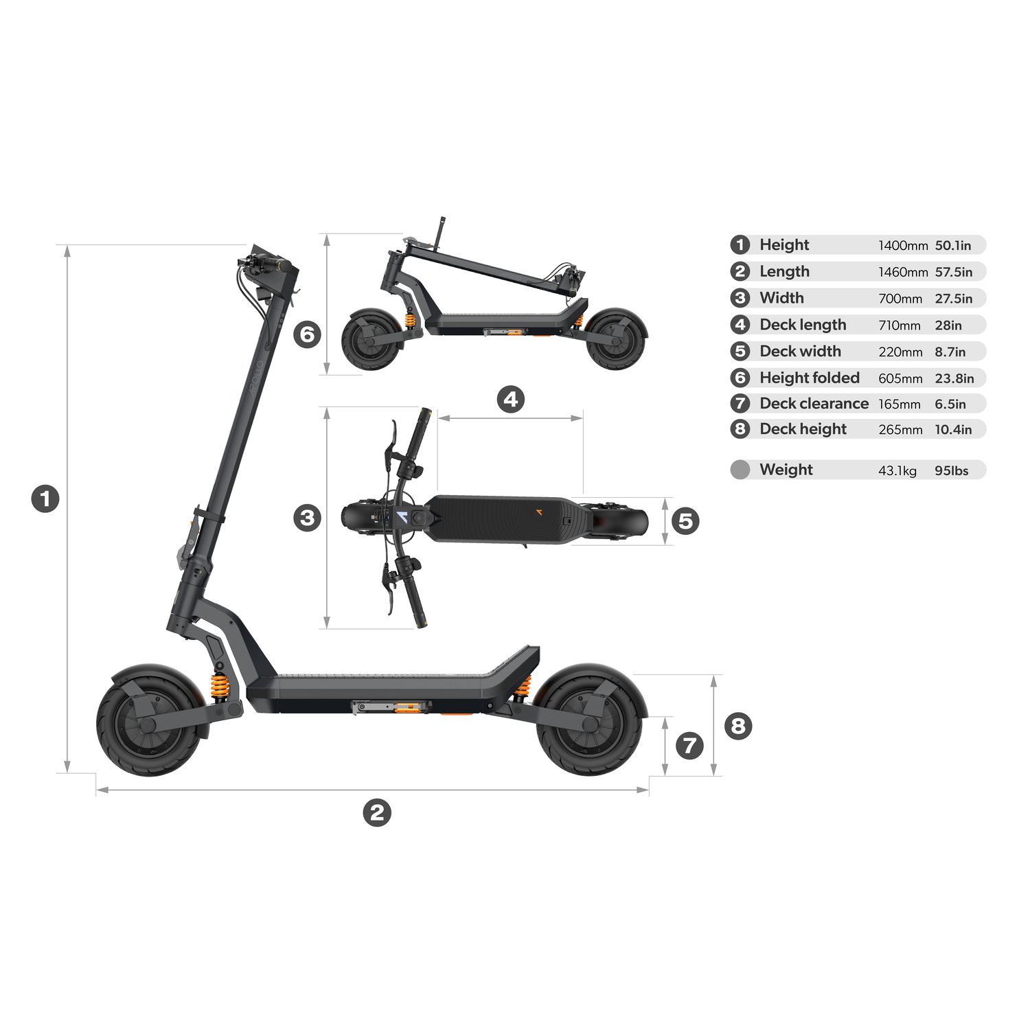 An electric scooter is displayed with measurements. The scooter is black with orange accents. Measurements for height, width, length are given.