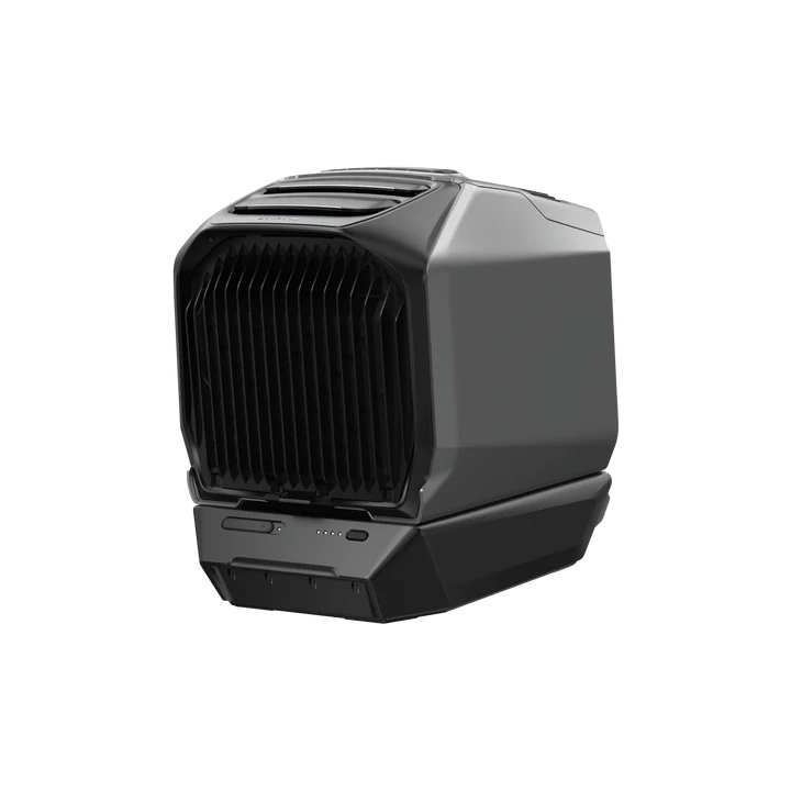 Ein schwarzes, geometrisches Gerät mit belüfteter Front, wahrscheinlich ein Luftreiniger oder Ähnliches. Es hat ein schlankes, modernes Design.